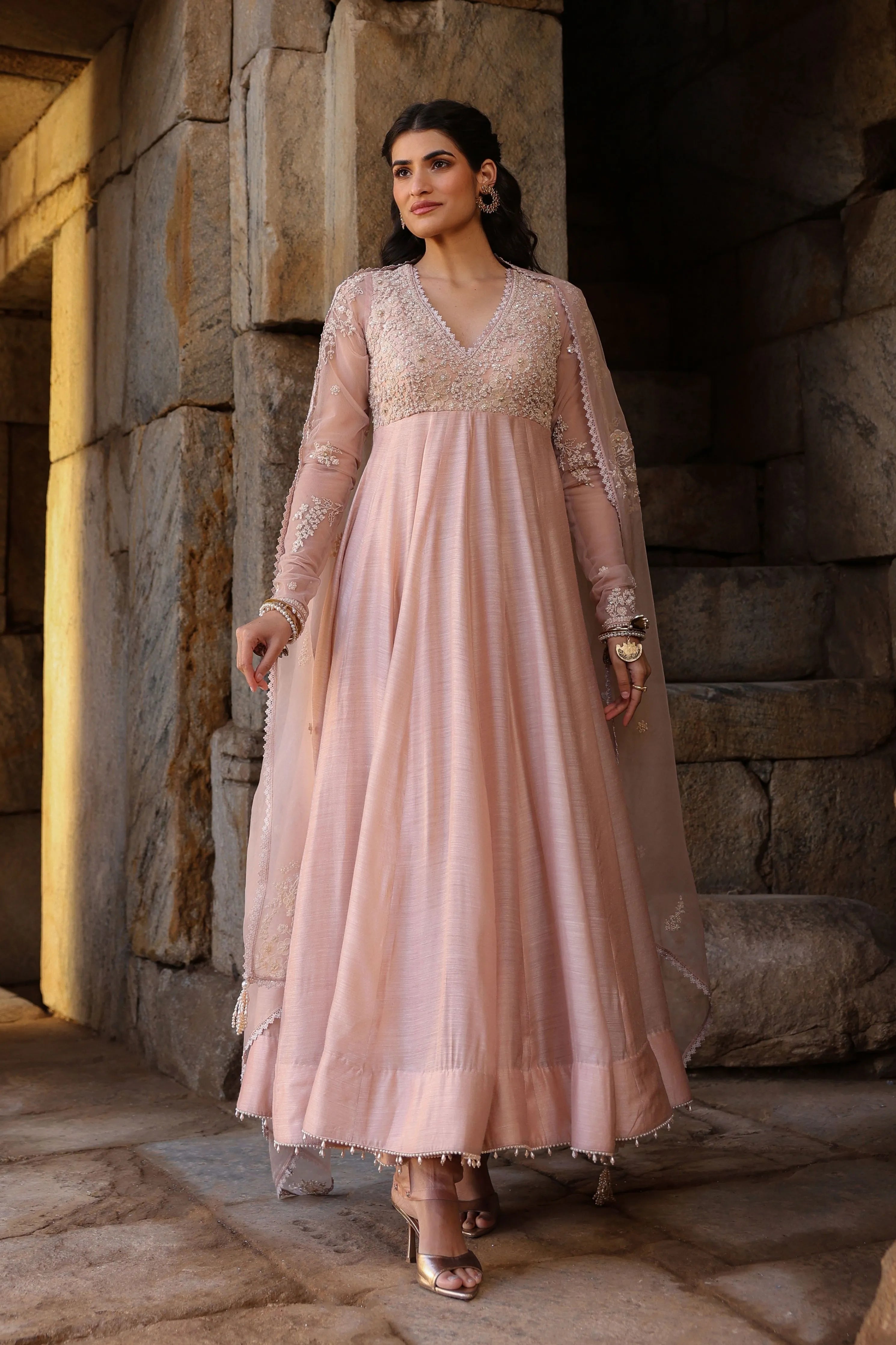 Vaayu Light Pink Applique Kalidar Set