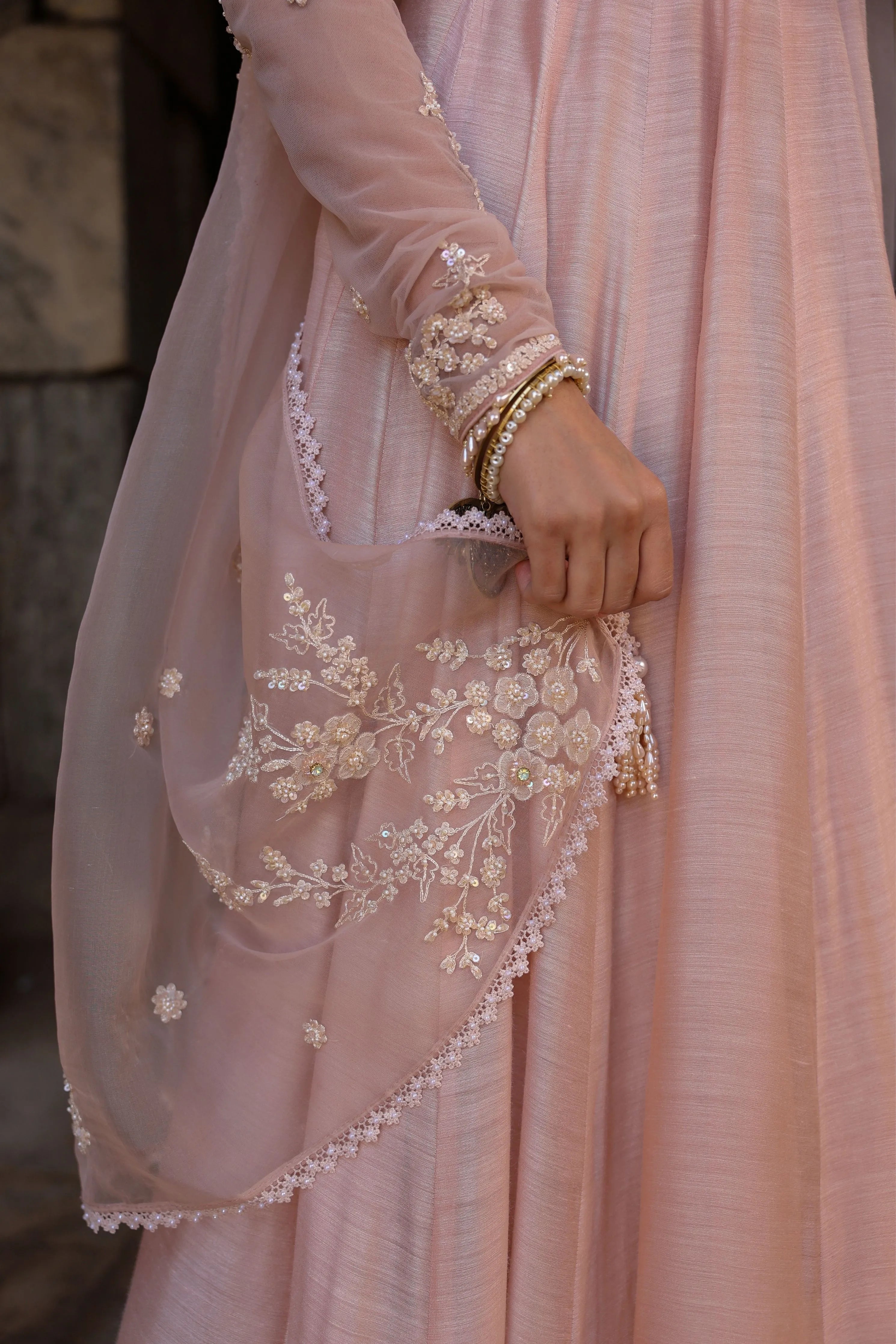 Vaayu Light Pink Applique Kalidar Set