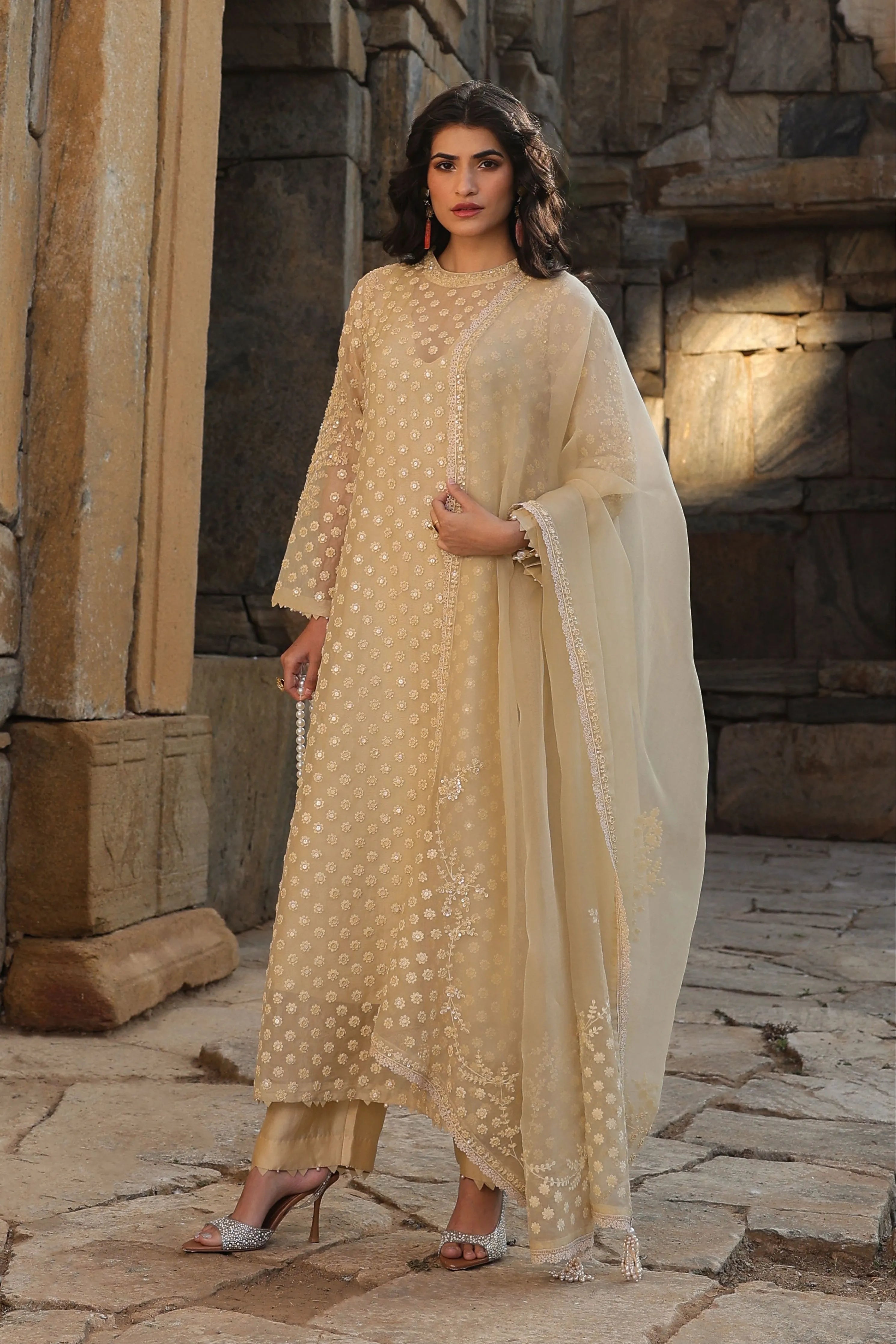 Vaayu Beige Buti Close Neck Kurta Set