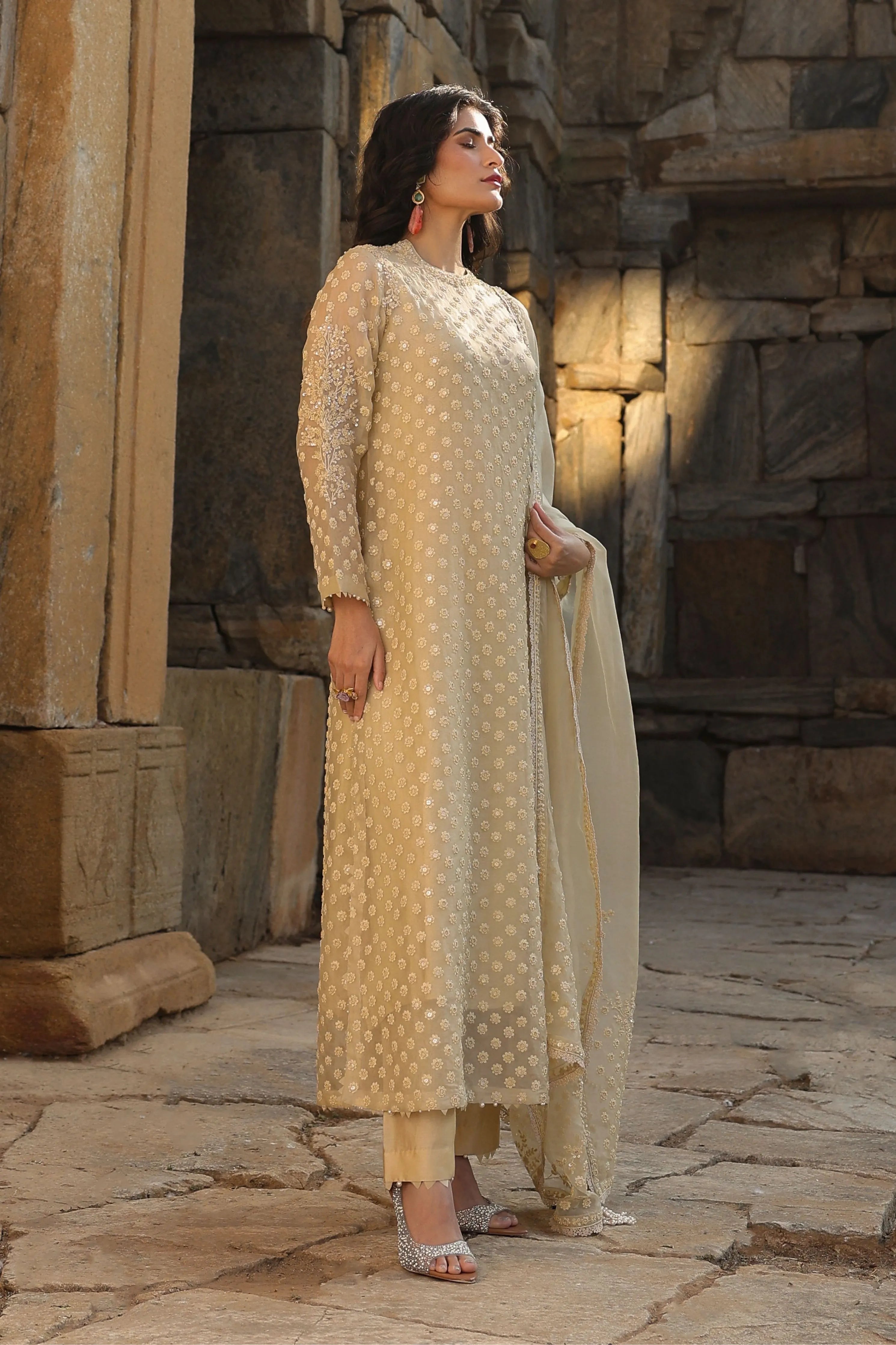 Vaayu Beige Buti Close Neck Kurta Set