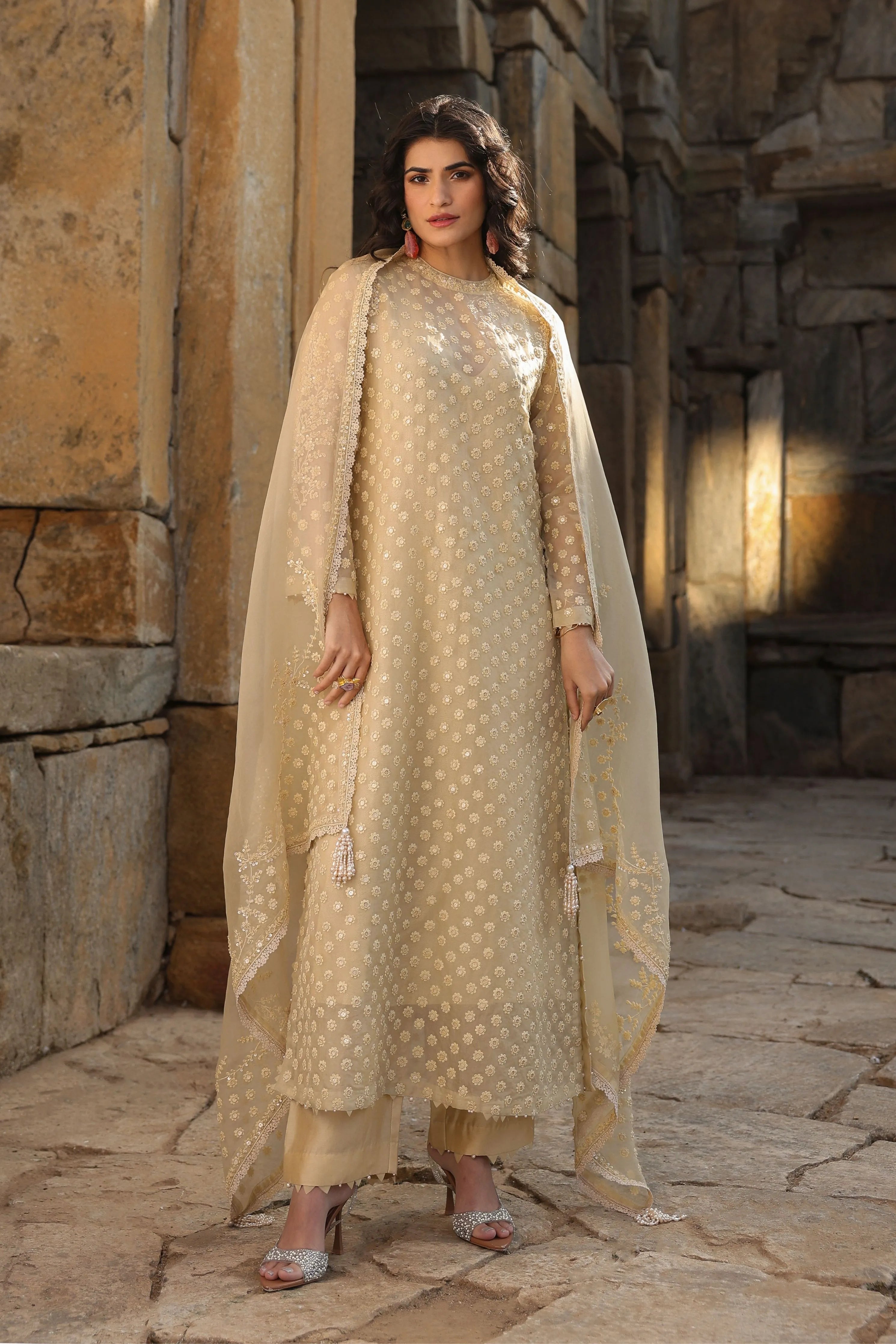 Vaayu Beige Buti Close Neck Kurta Set