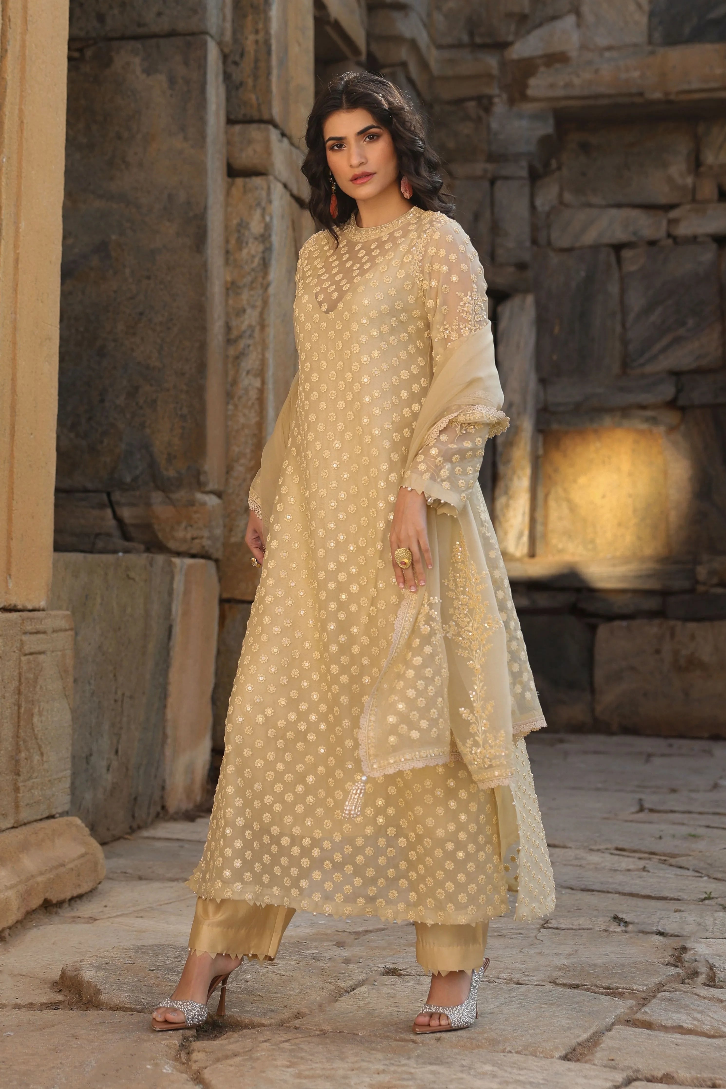Vaayu Beige Buti Close Neck Kurta Set