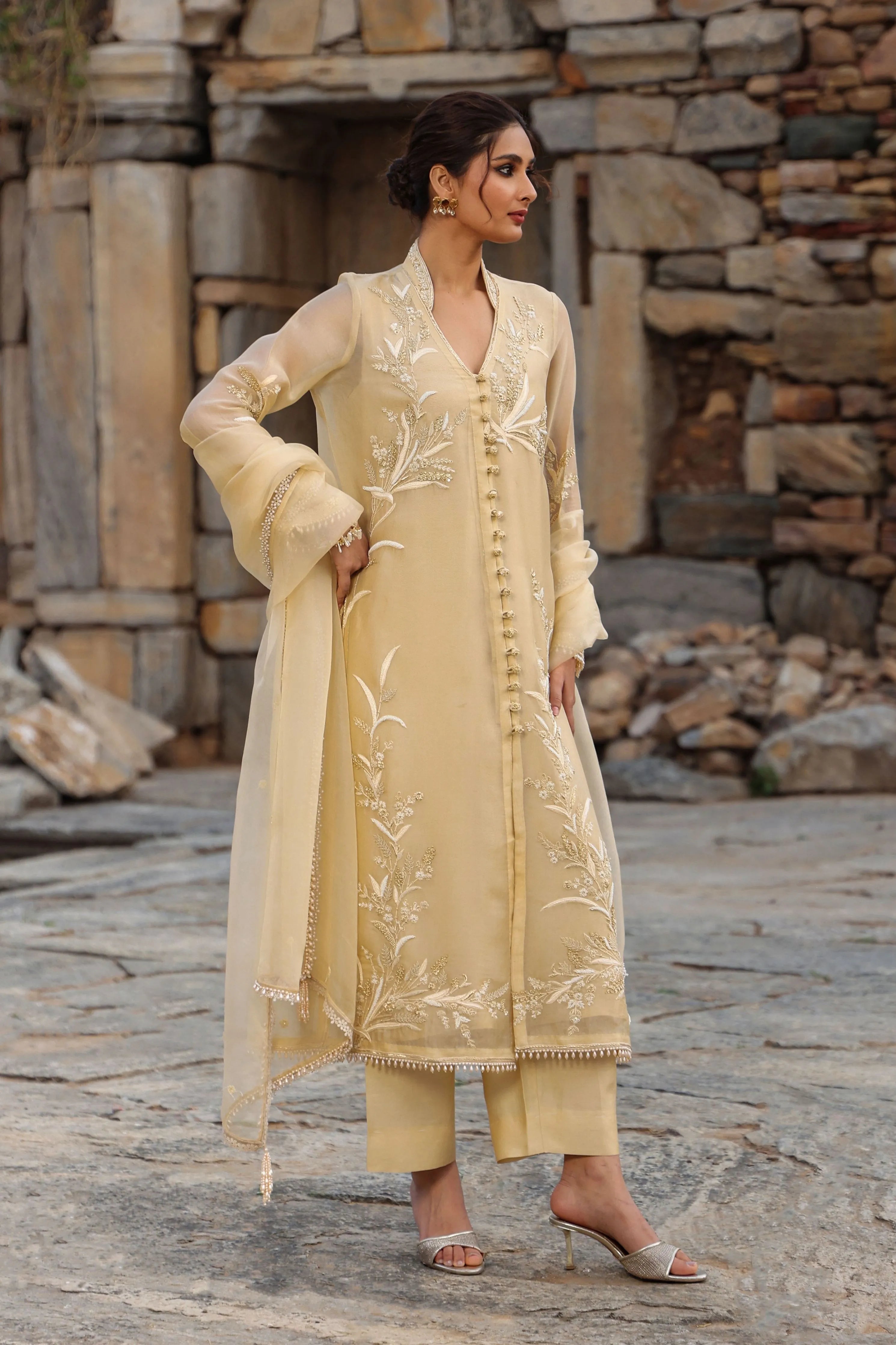 Vaayu Beige Heavy Jacket Kurta Set