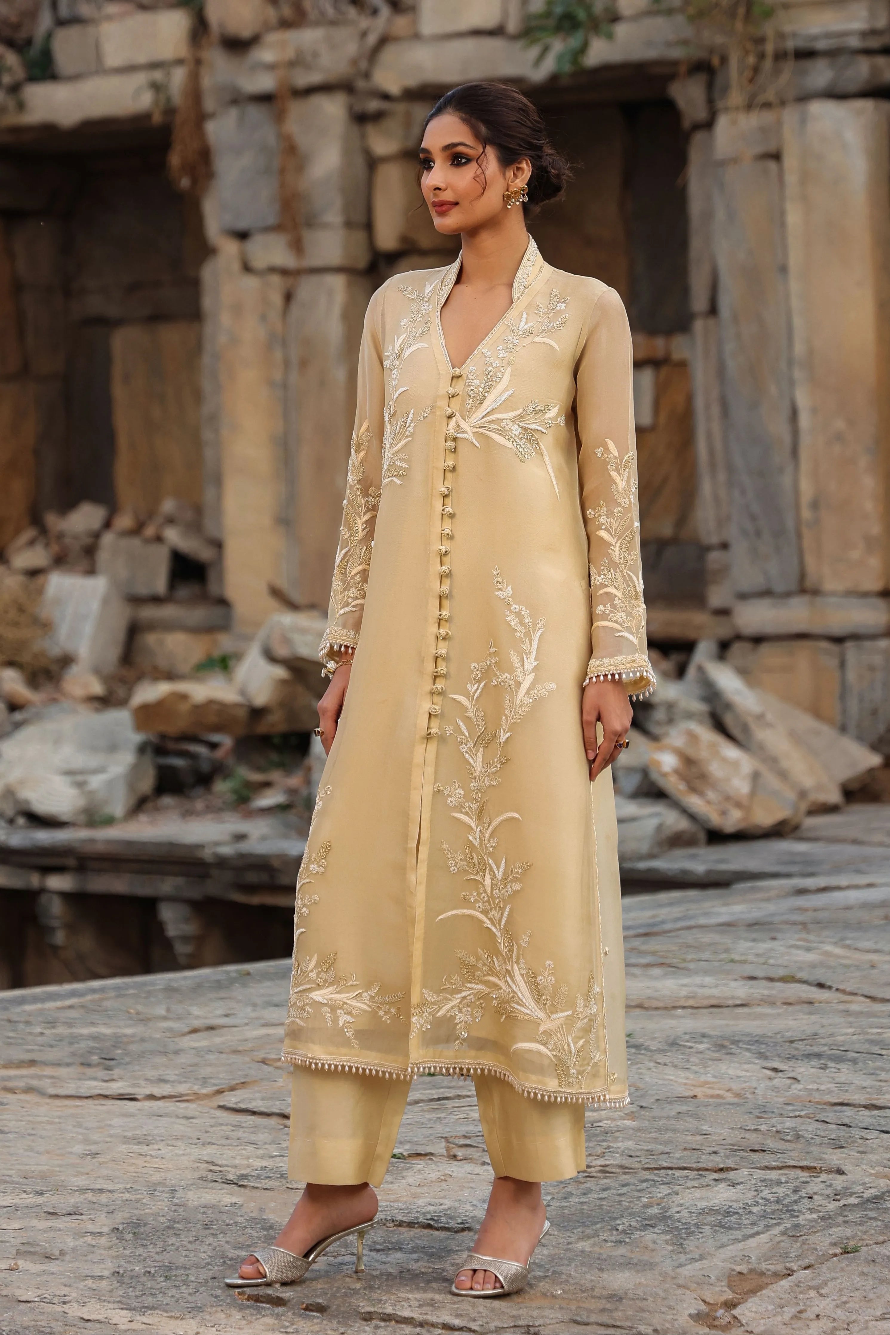 Vaayu Beige Heavy Jacket Kurta Set