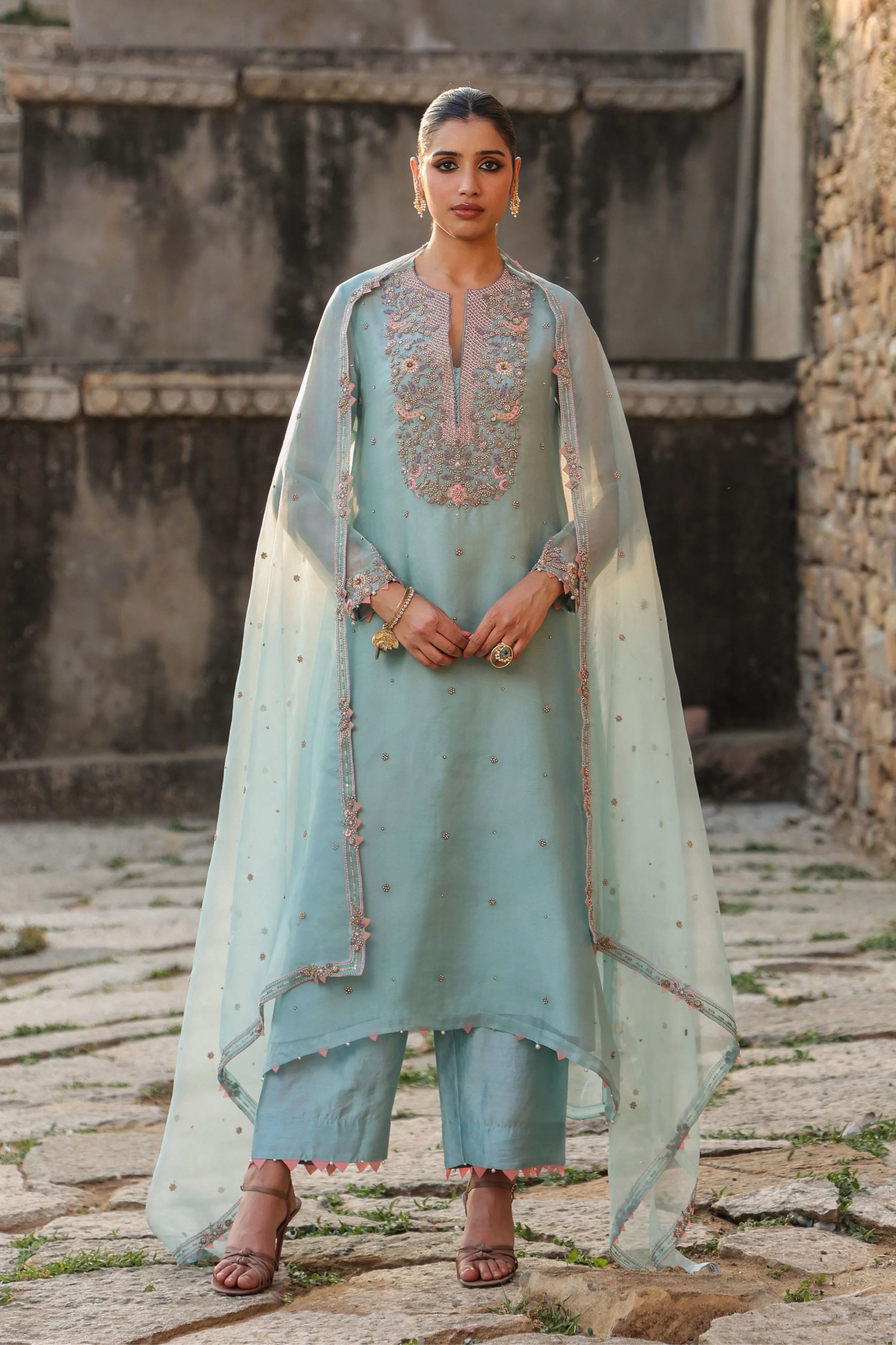 Vaayu Light Blue Heavy Neck Kurta Set