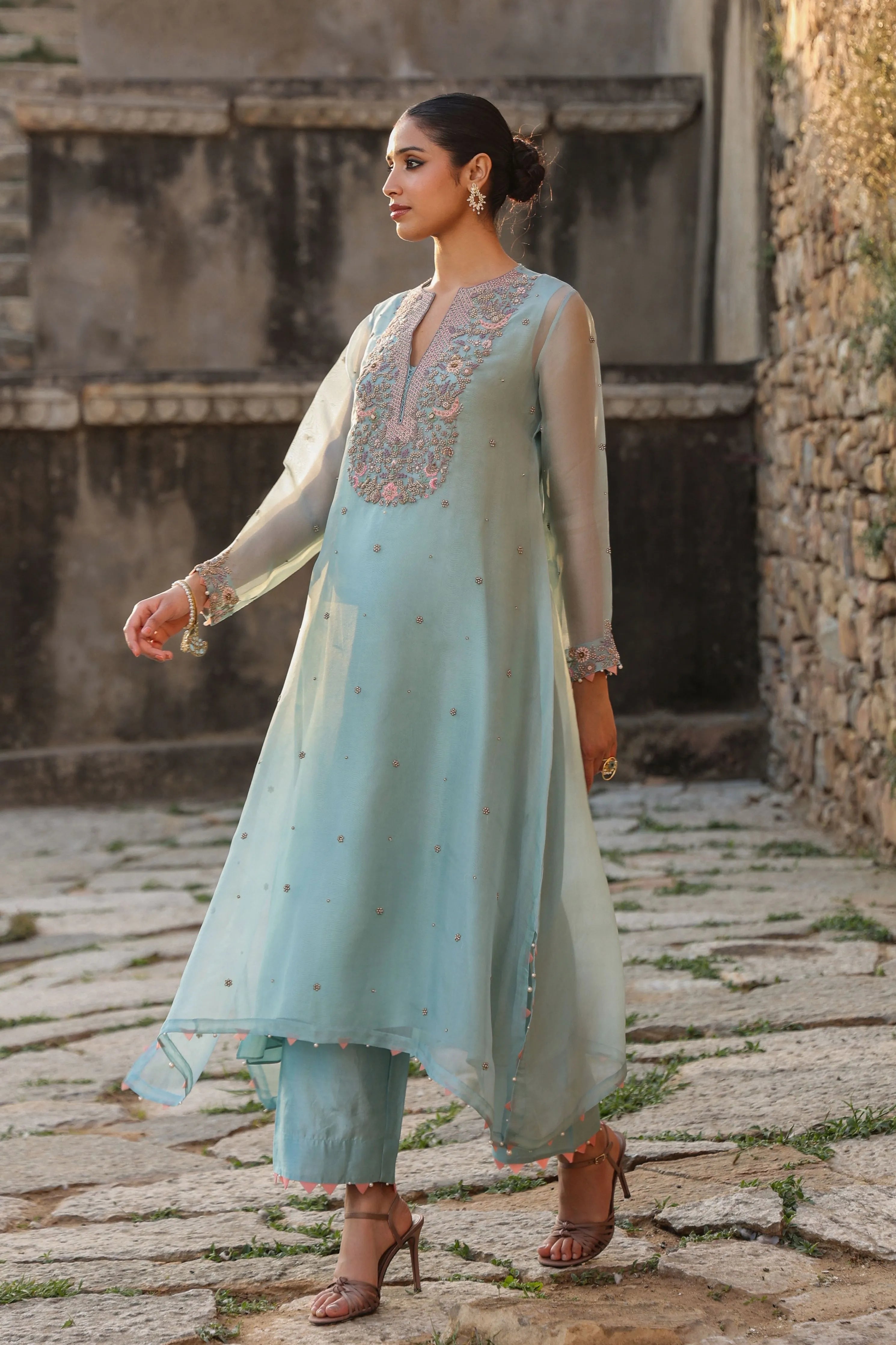 Vaayu Light Blue Heavy Neck Kurta Set
