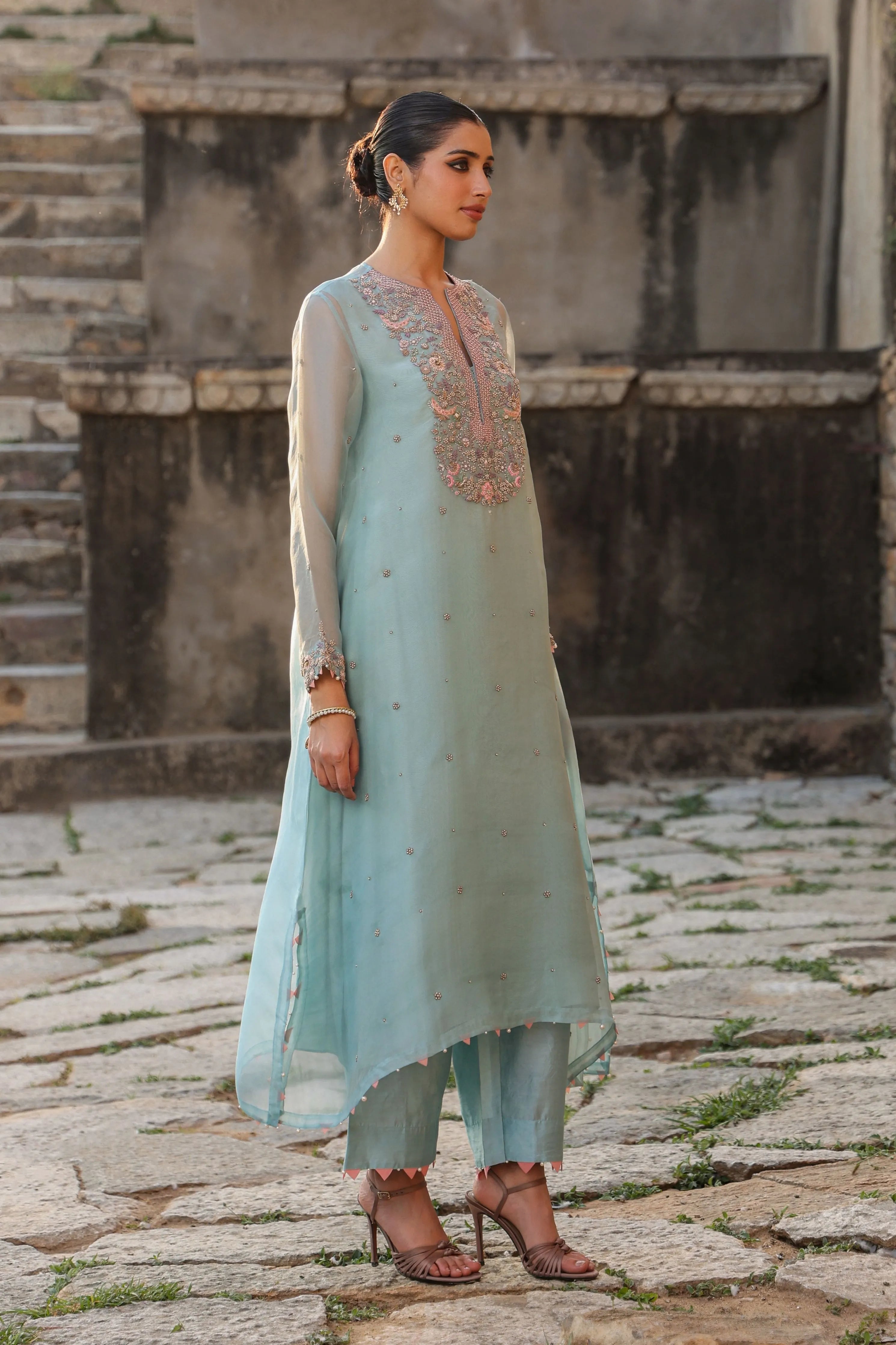 Vaayu Light Blue Heavy Neck Kurta Set