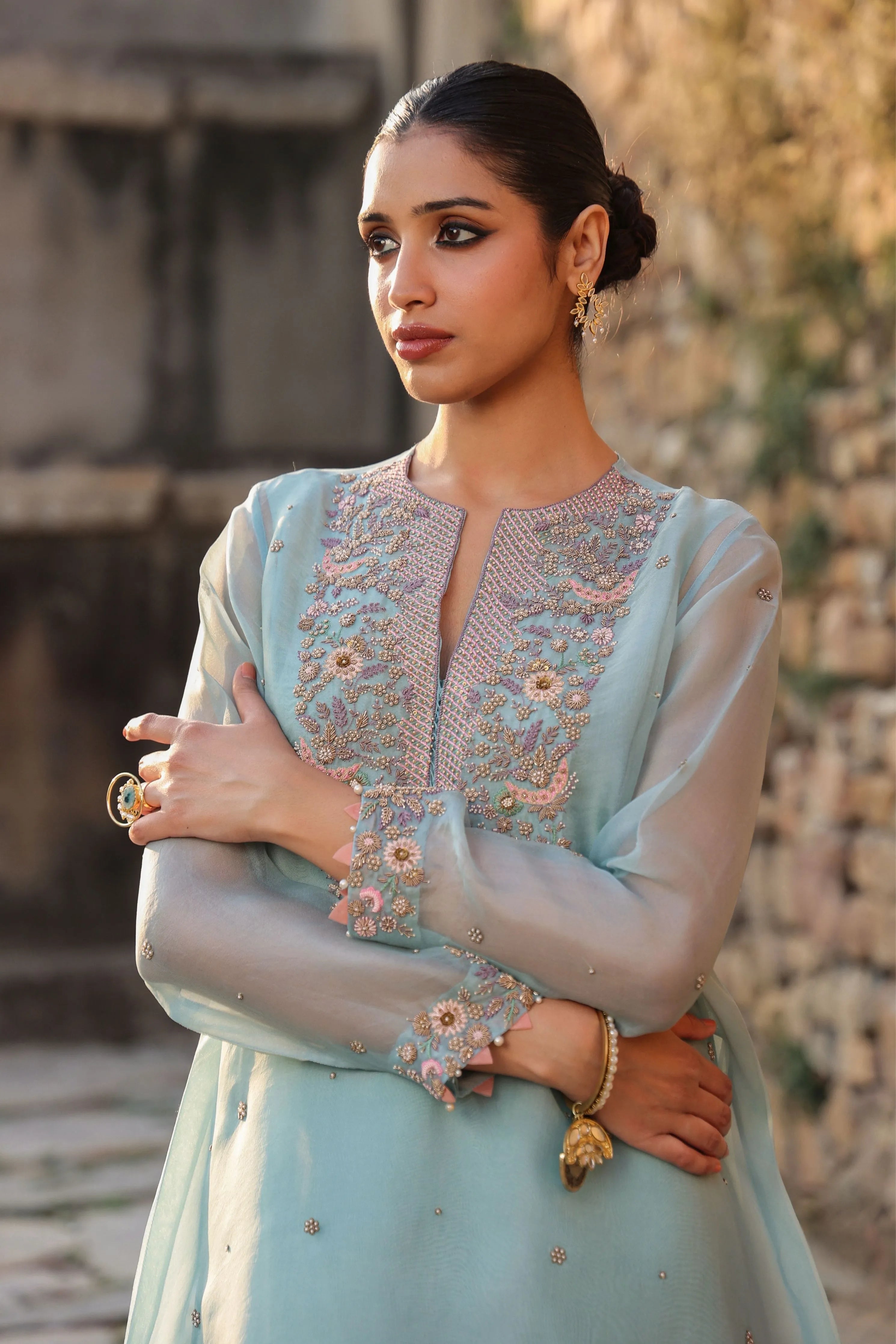 Vaayu Light Blue Heavy Neck Kurta Set
