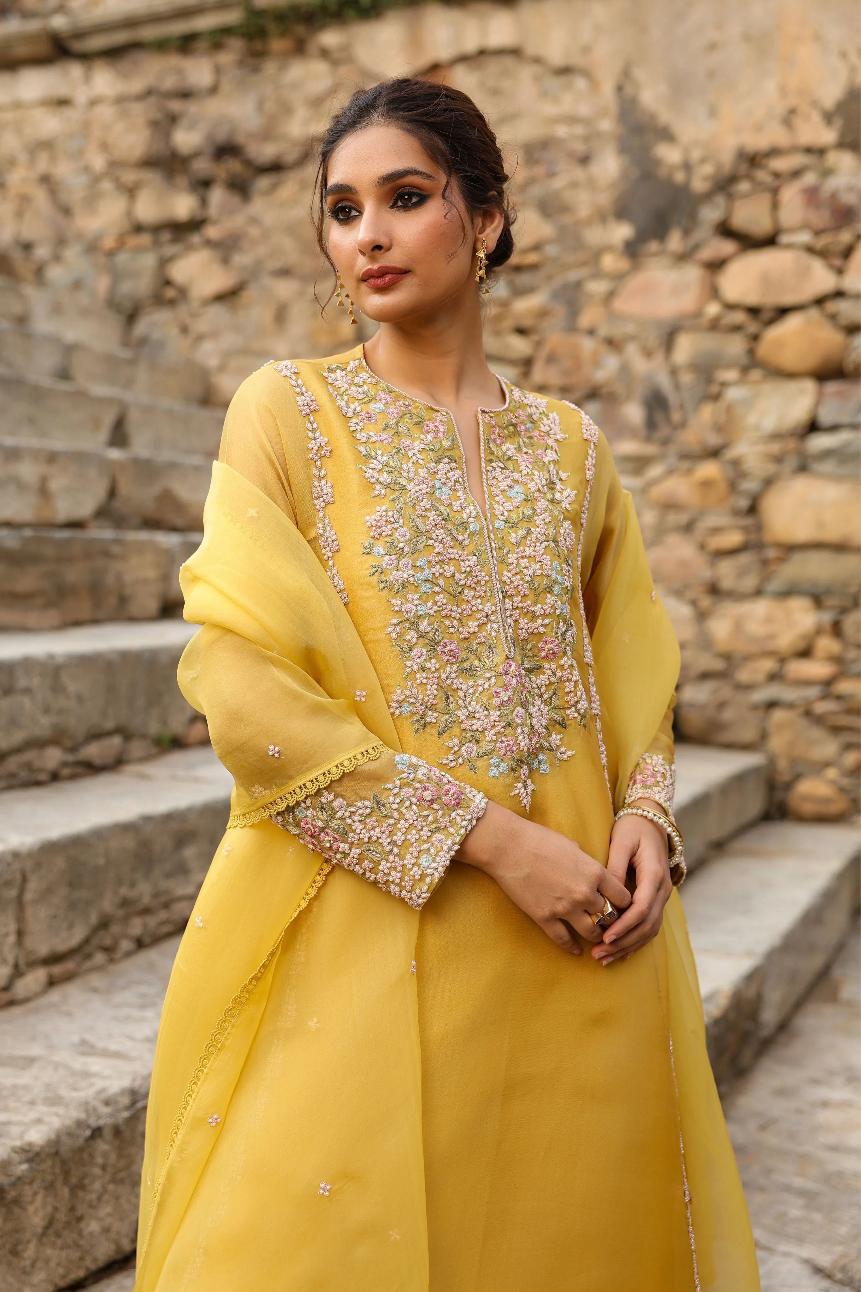 Vaayu Yellow Heavy Pheran Kurta Set