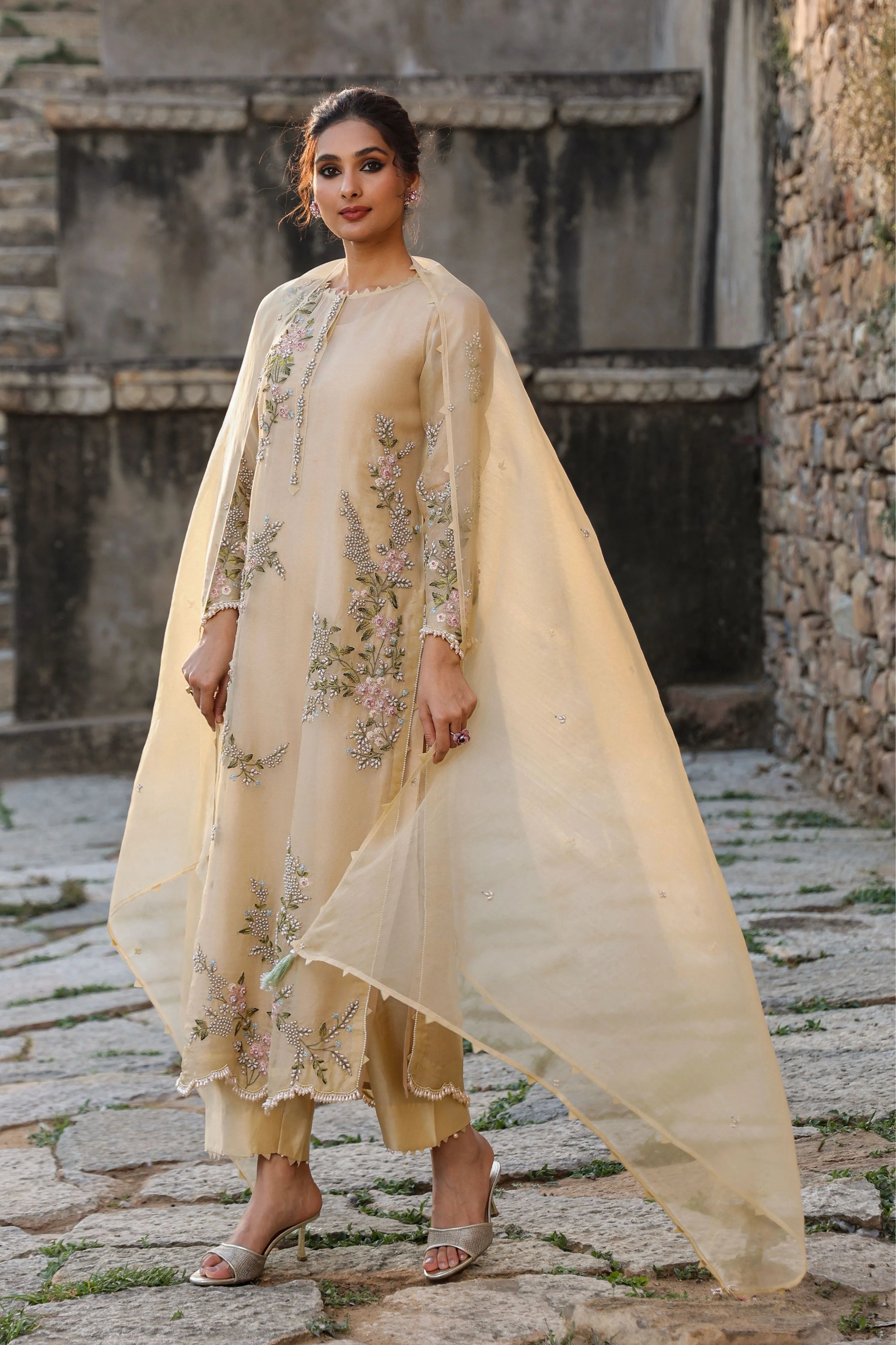 Vaayu Beige Multicolor Jaal Kurta Set