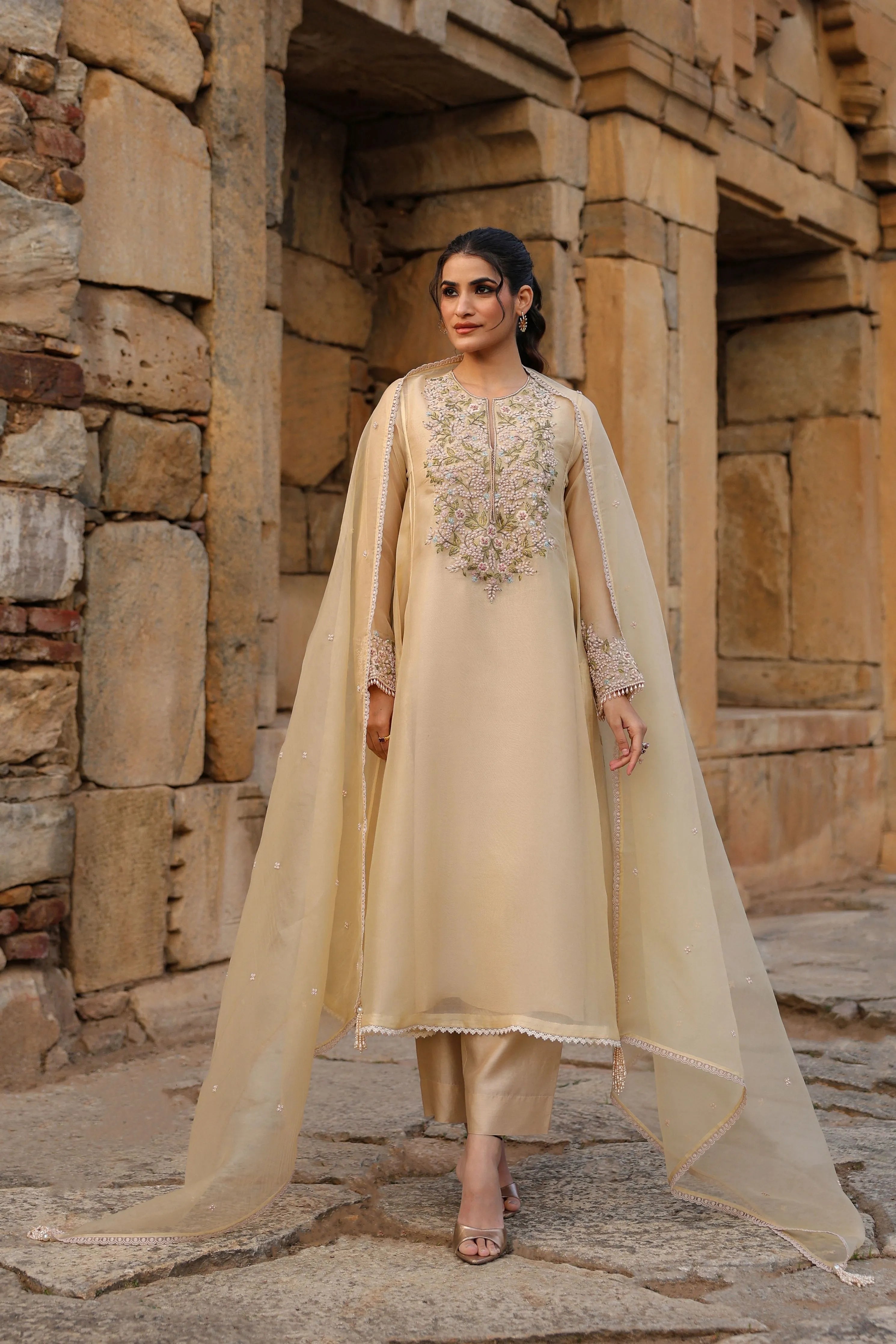 Vaayu Beige Pheran Kurta Set