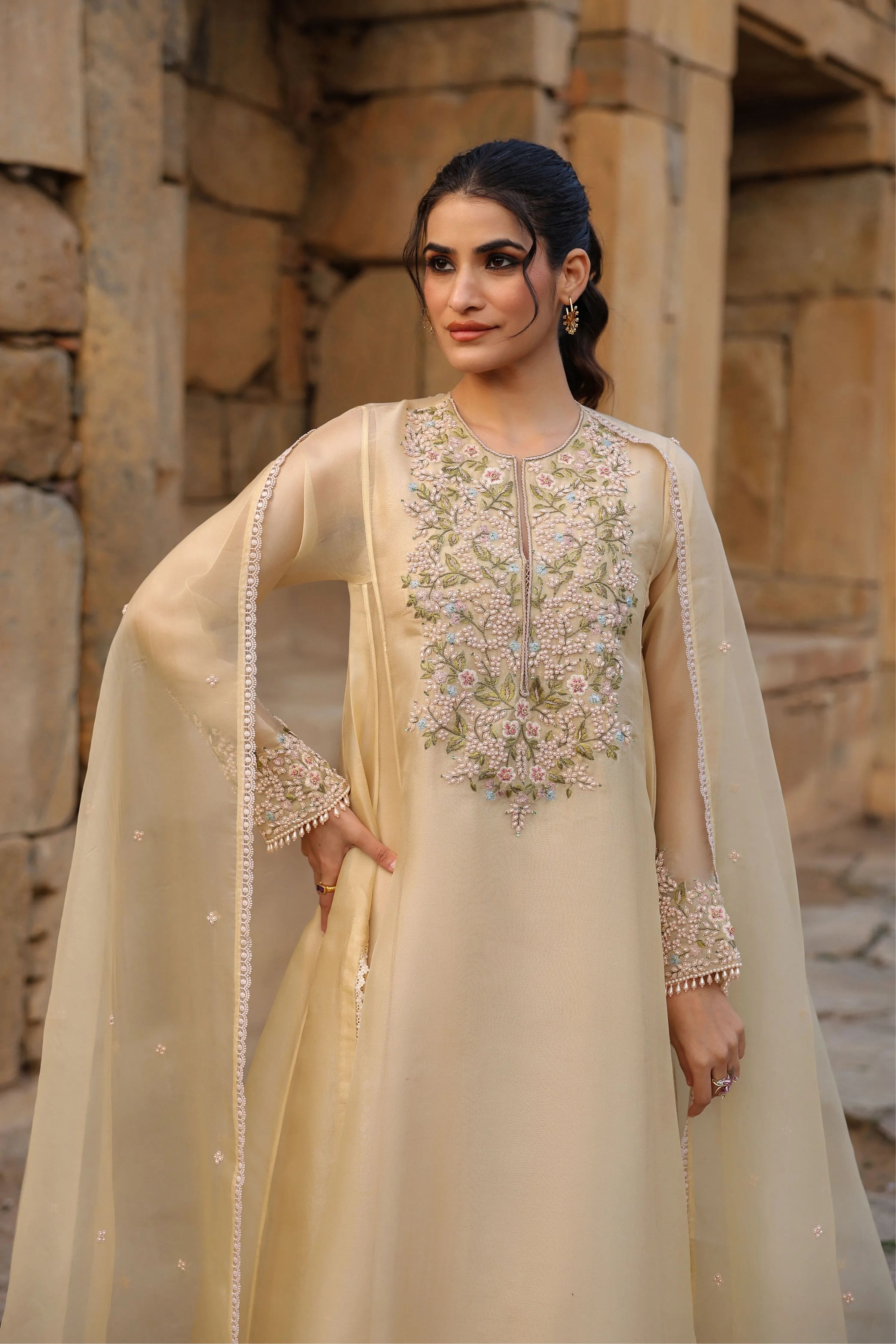 Vaayu Beige Pheran Kurta Set