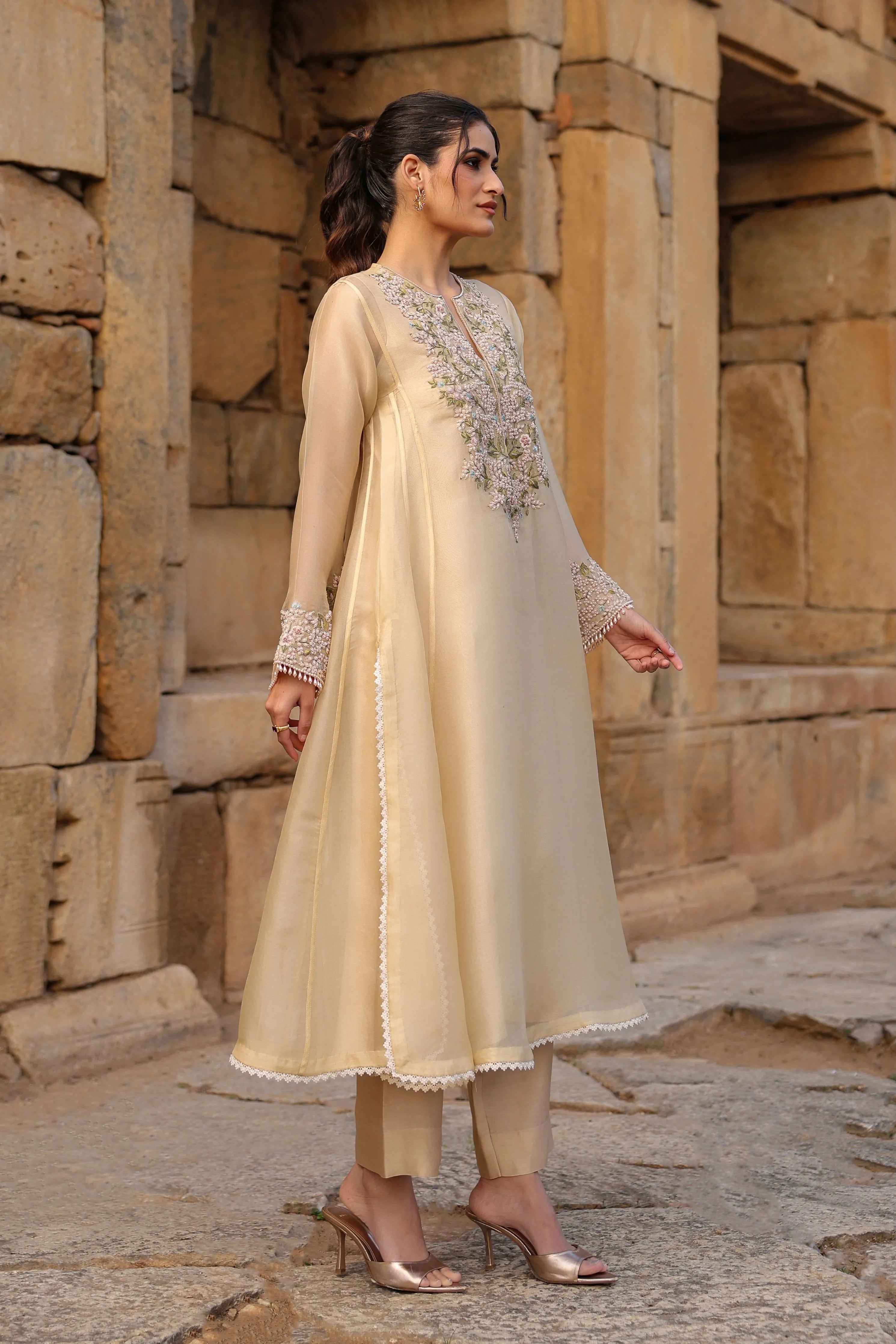 Vaayu Beige Pheran Kurta Set