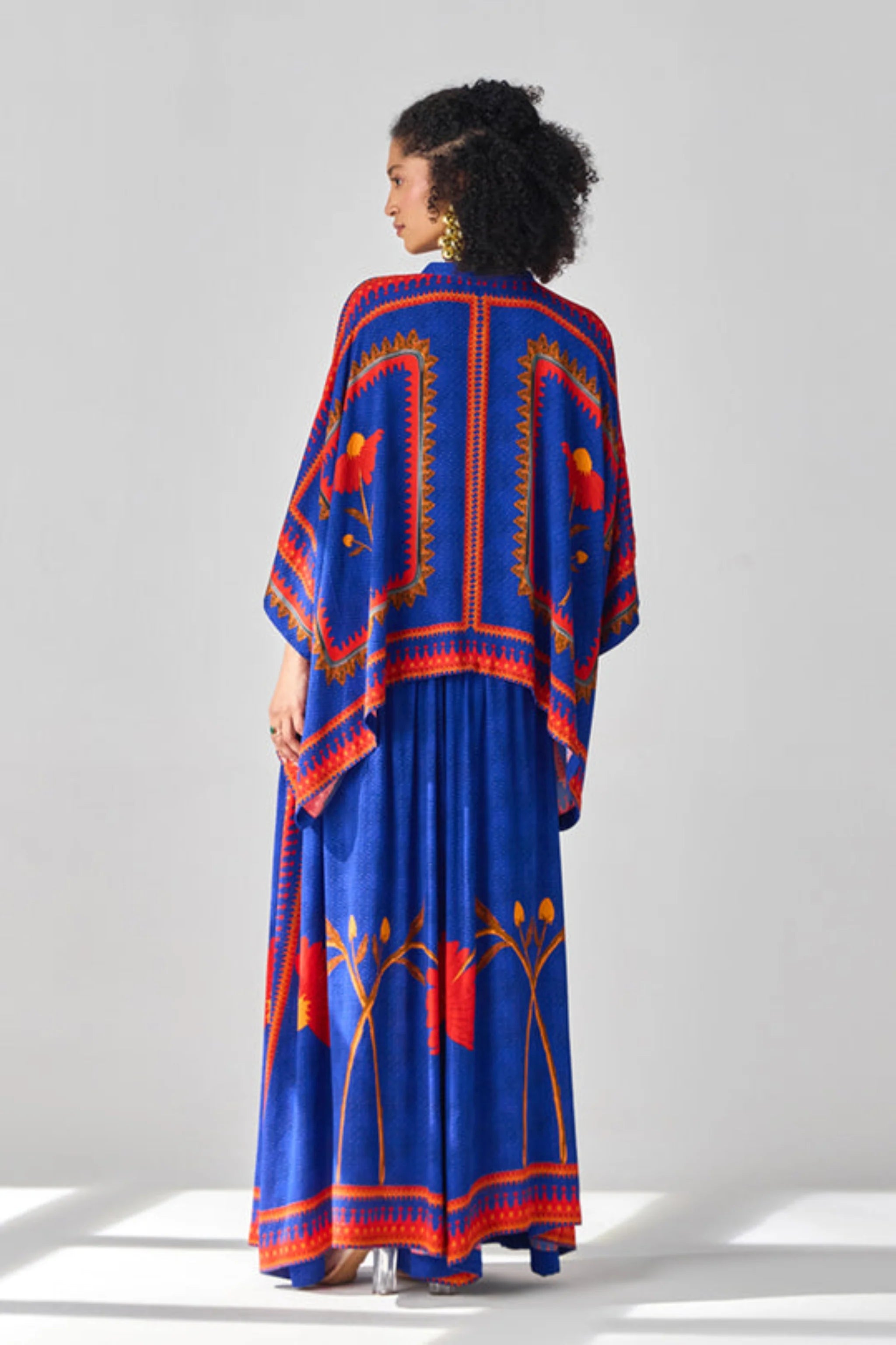 Blue Geometric Printed Cape With Pants