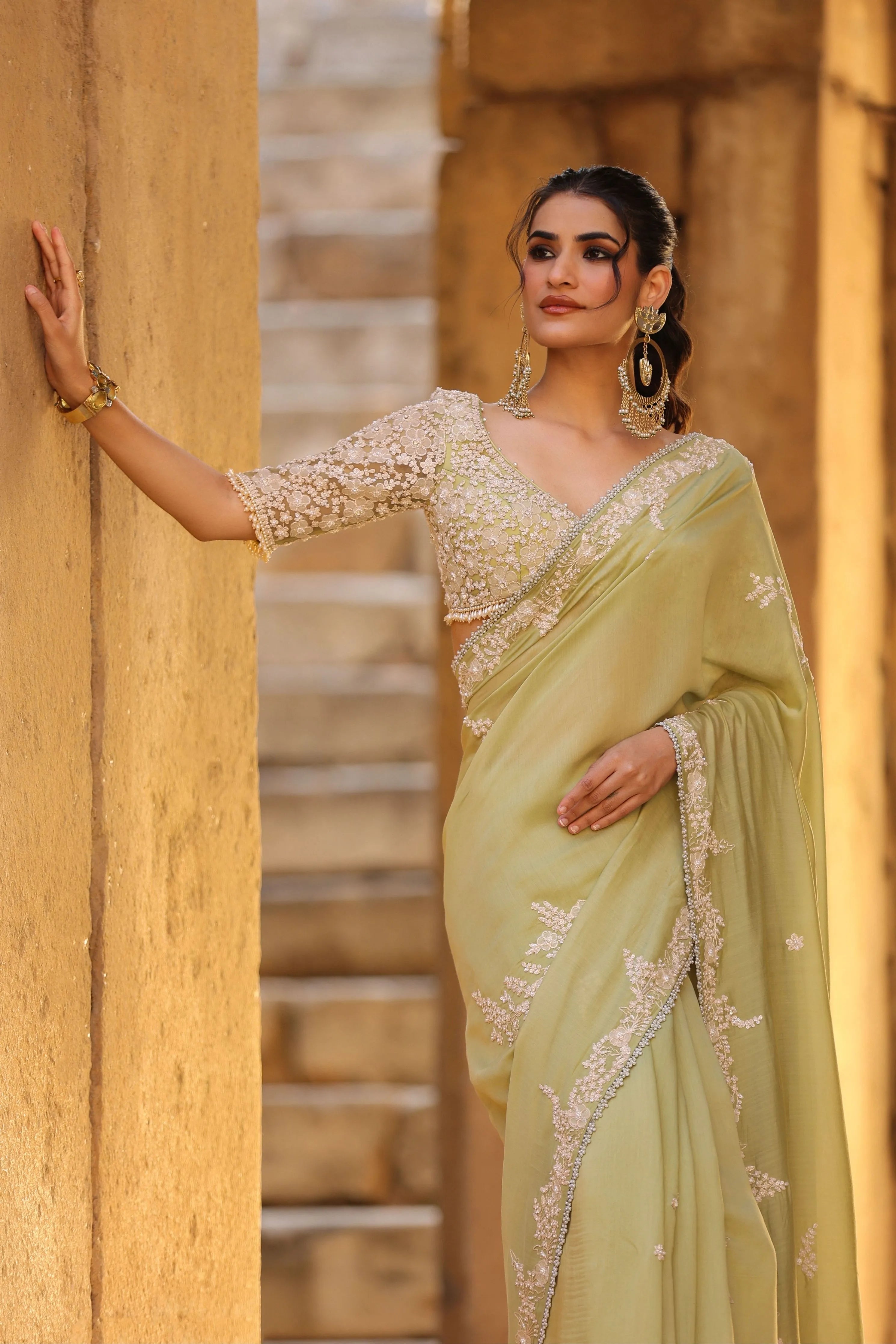 Vaayu Green Bail Buti Saree Set