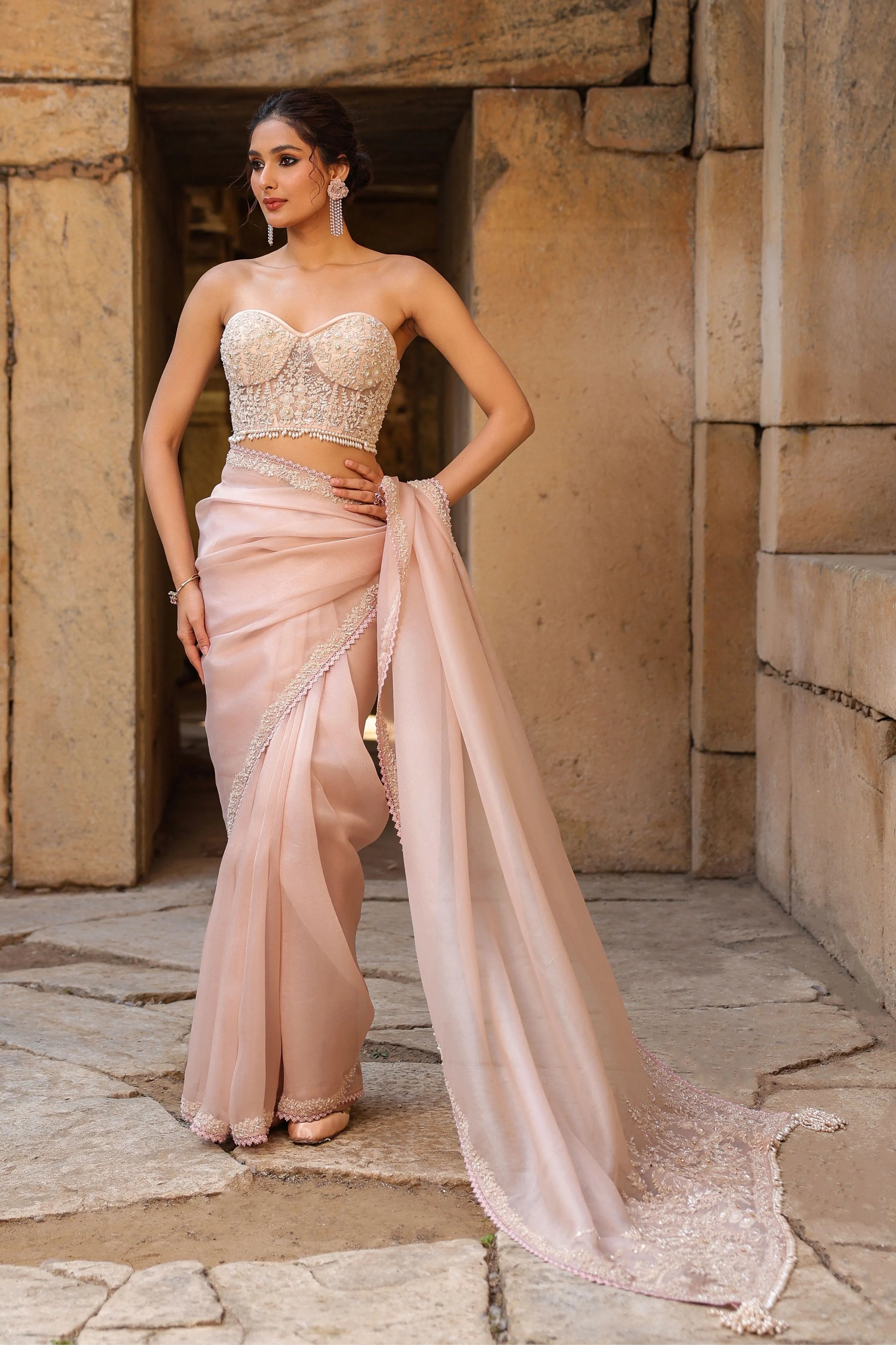 Vaayu Light Pink Corset Saree Set
