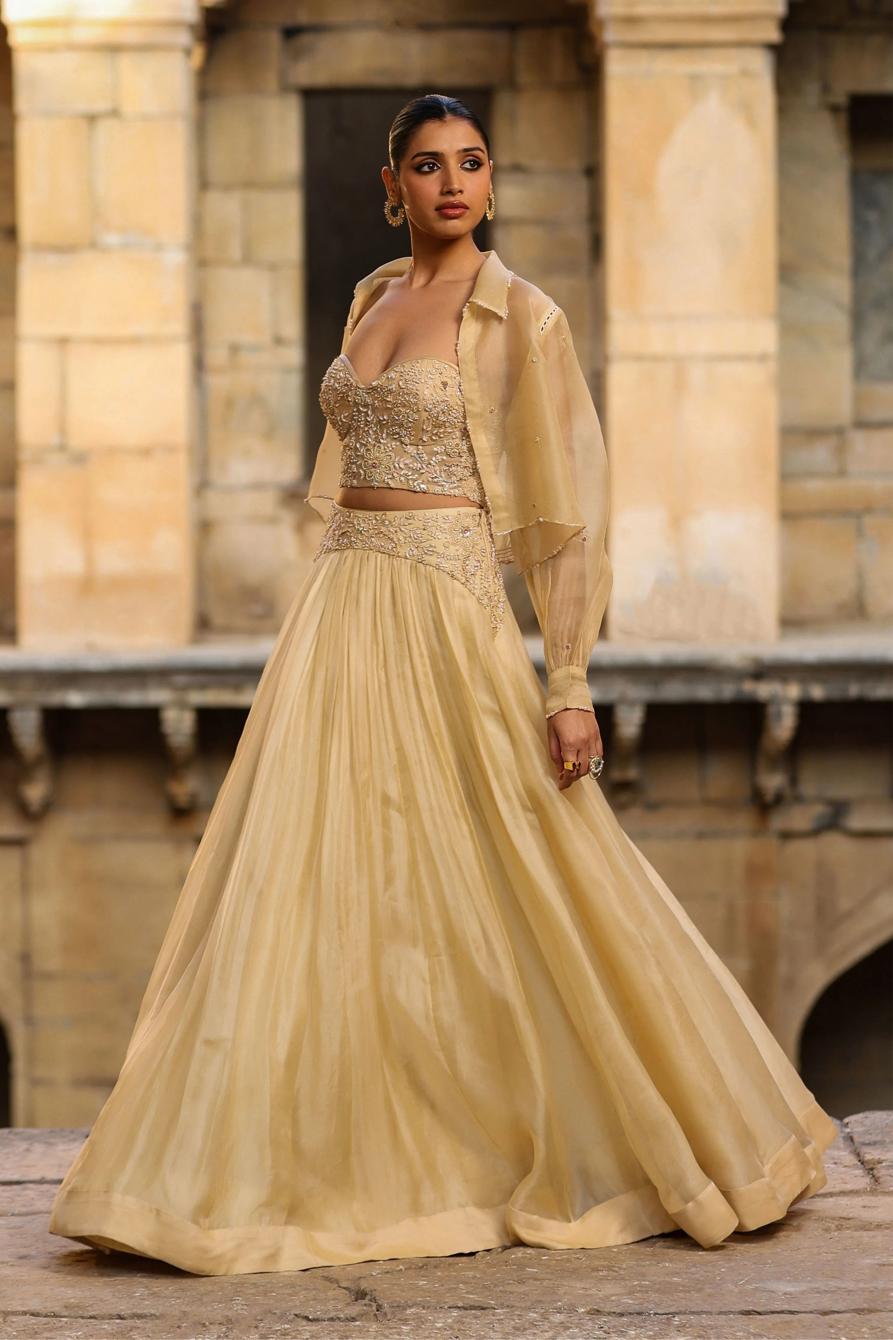 Vaayu Beige Jacket Lehenga Set