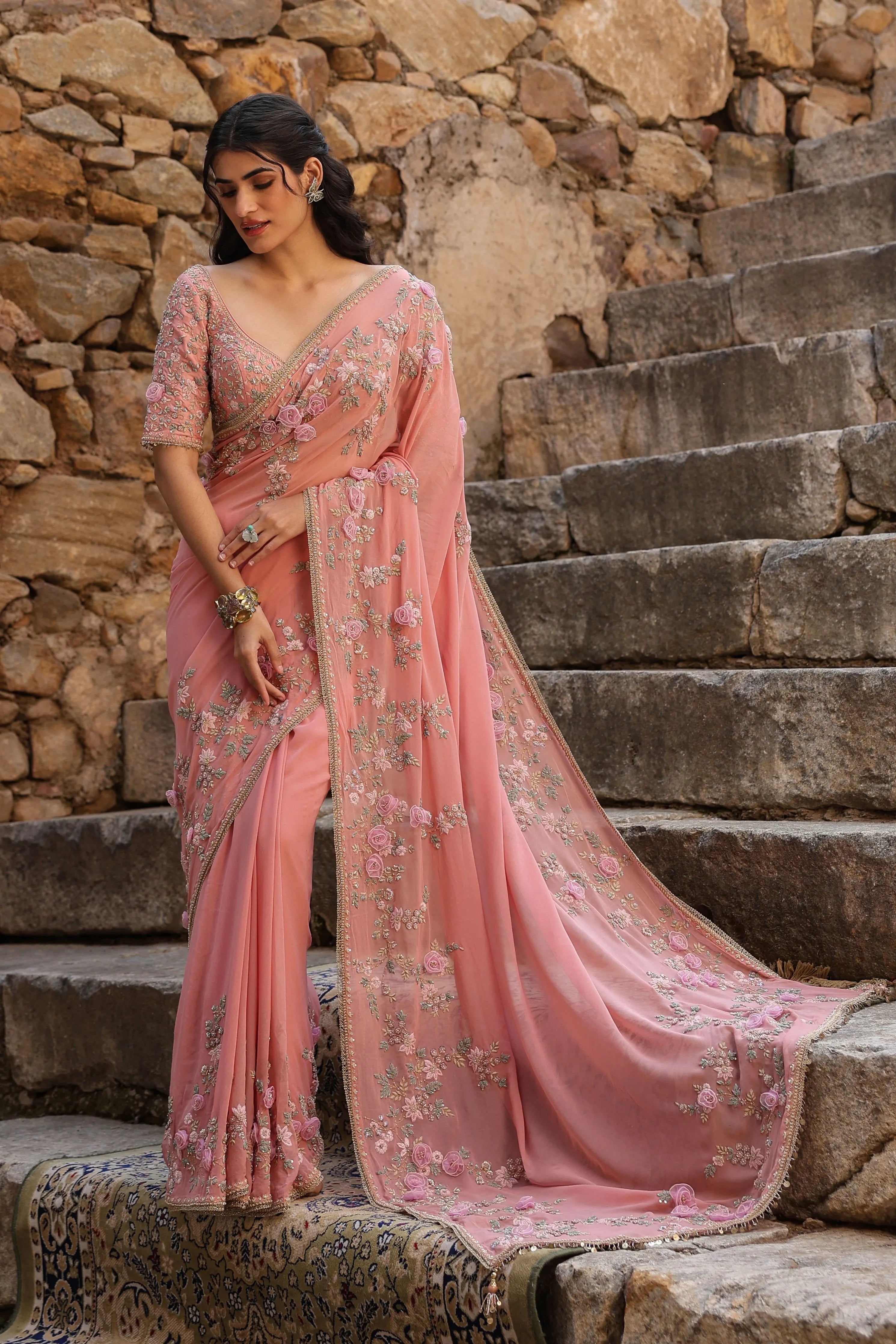 Vaayu Pink Jaal Saree Set