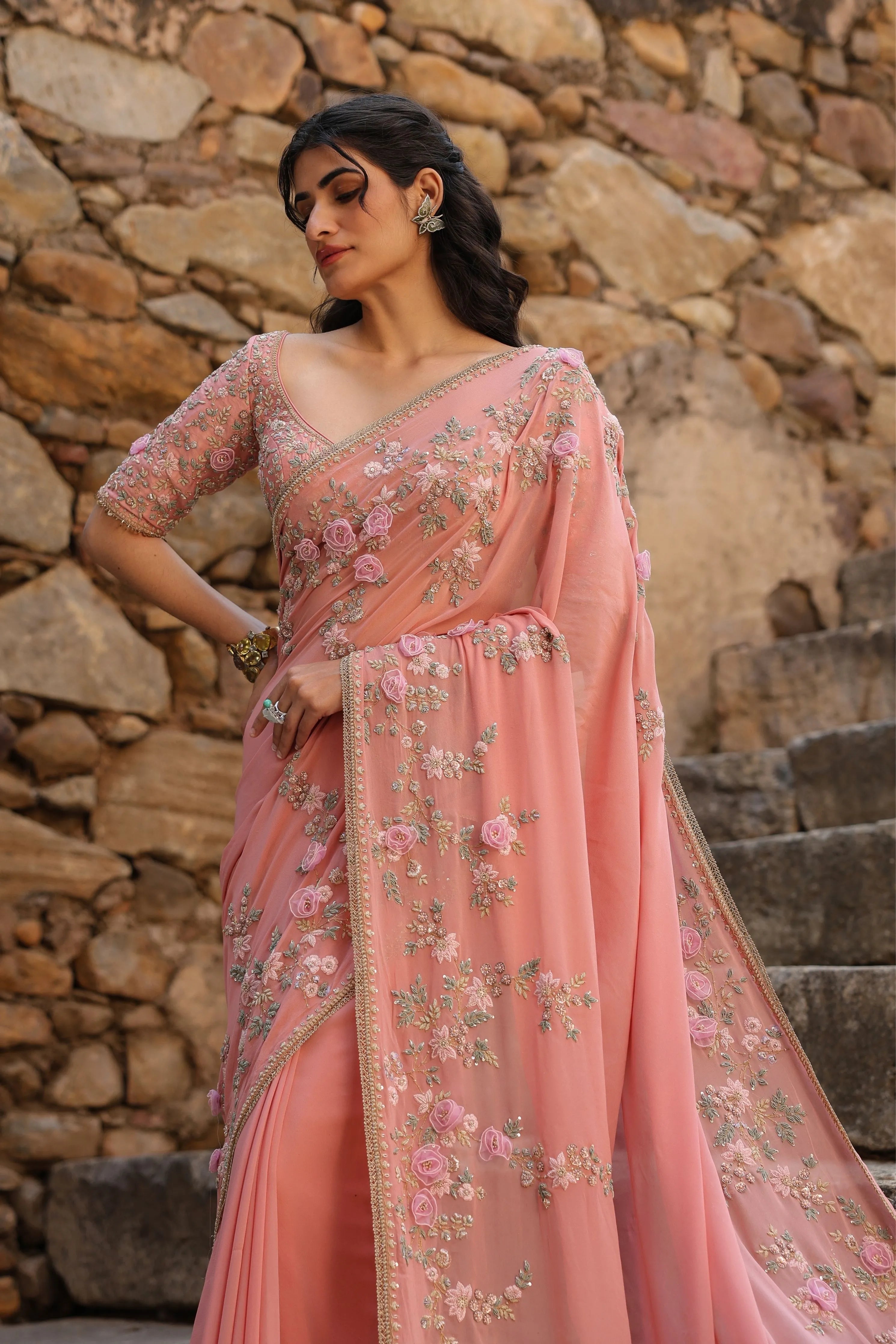 Vaayu Pink Jaal Saree Set