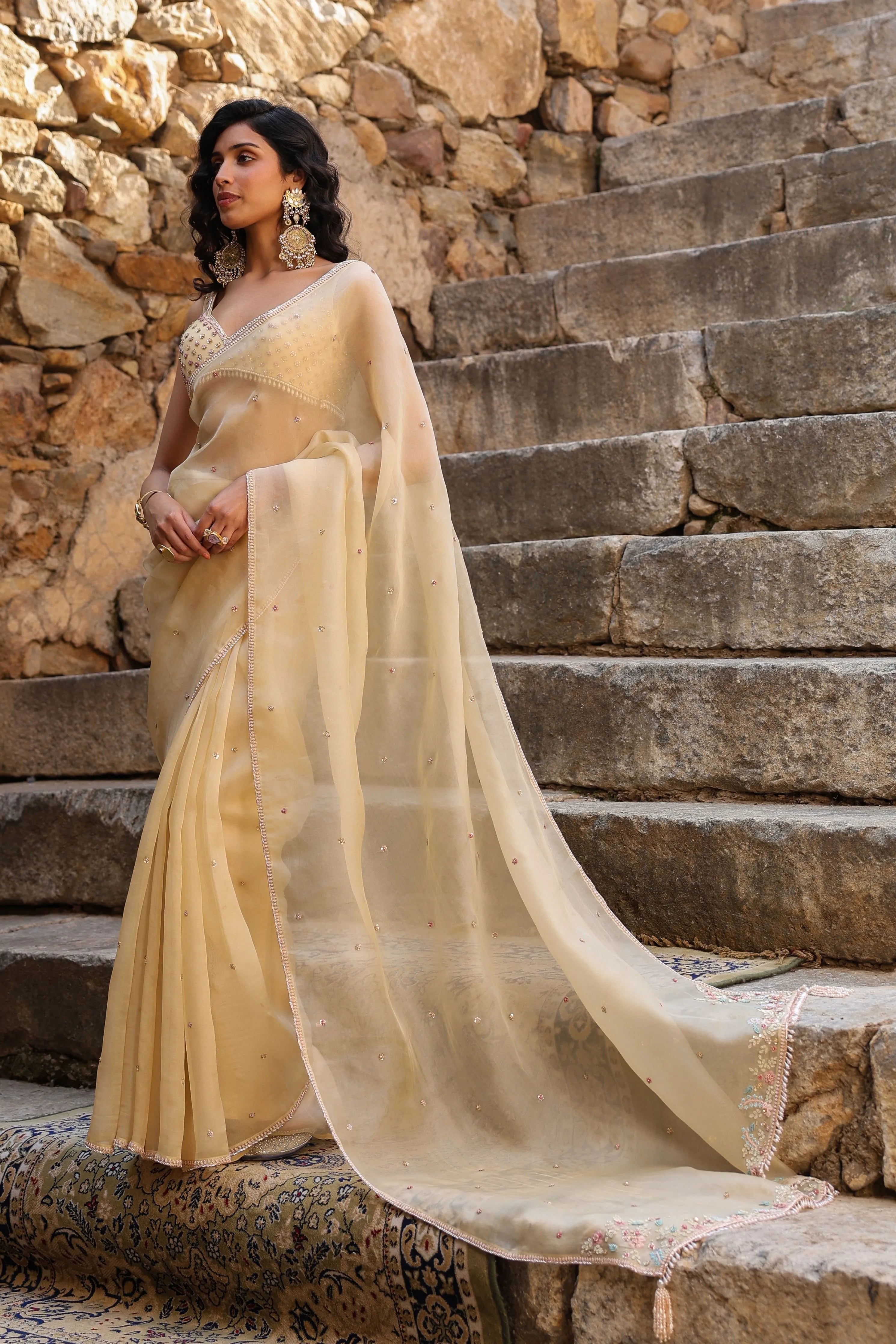Vaayu Beige Multicolor Butti Saree Set