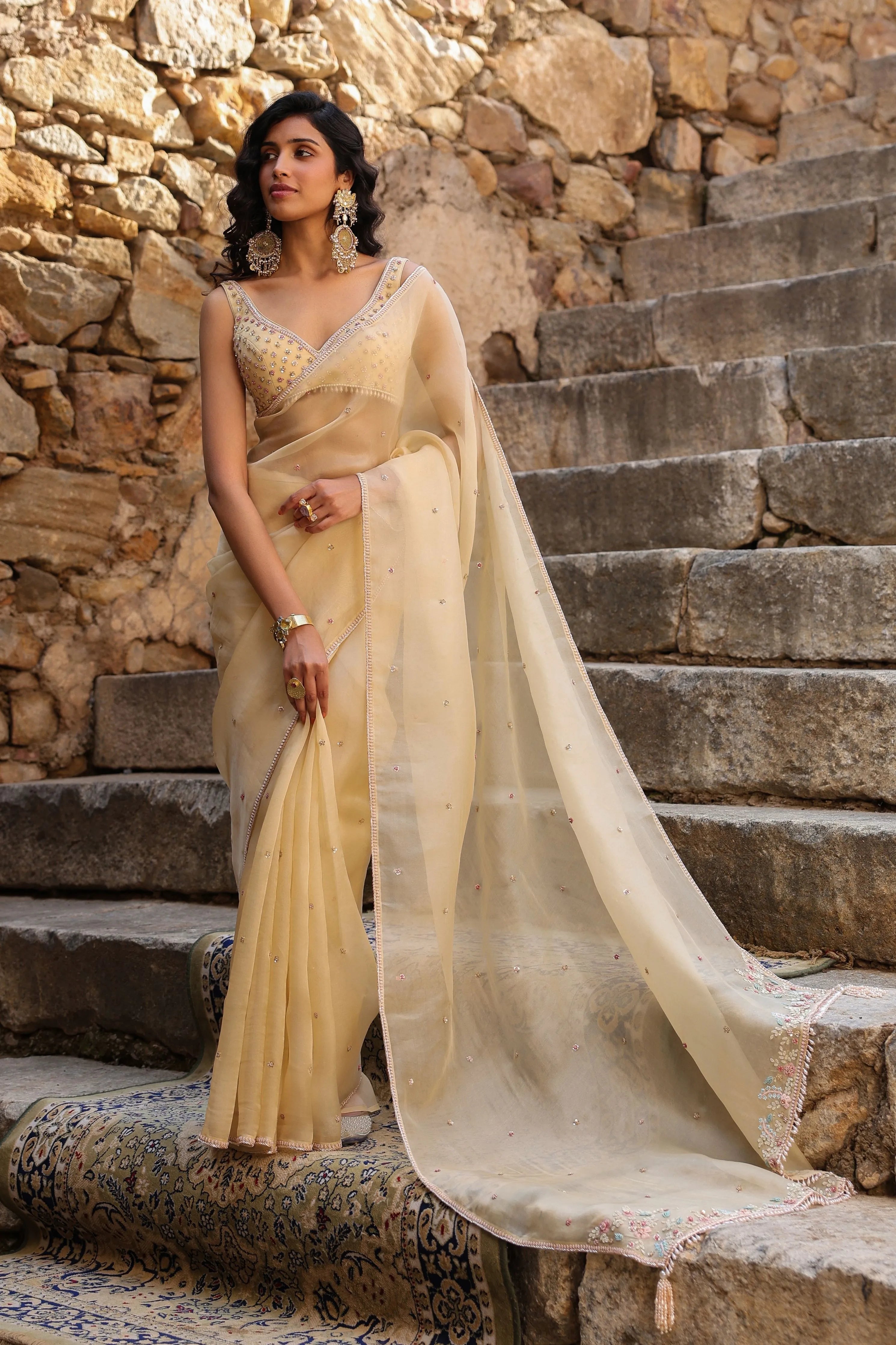 Vaayu Beige Multicolor Butti Saree Set