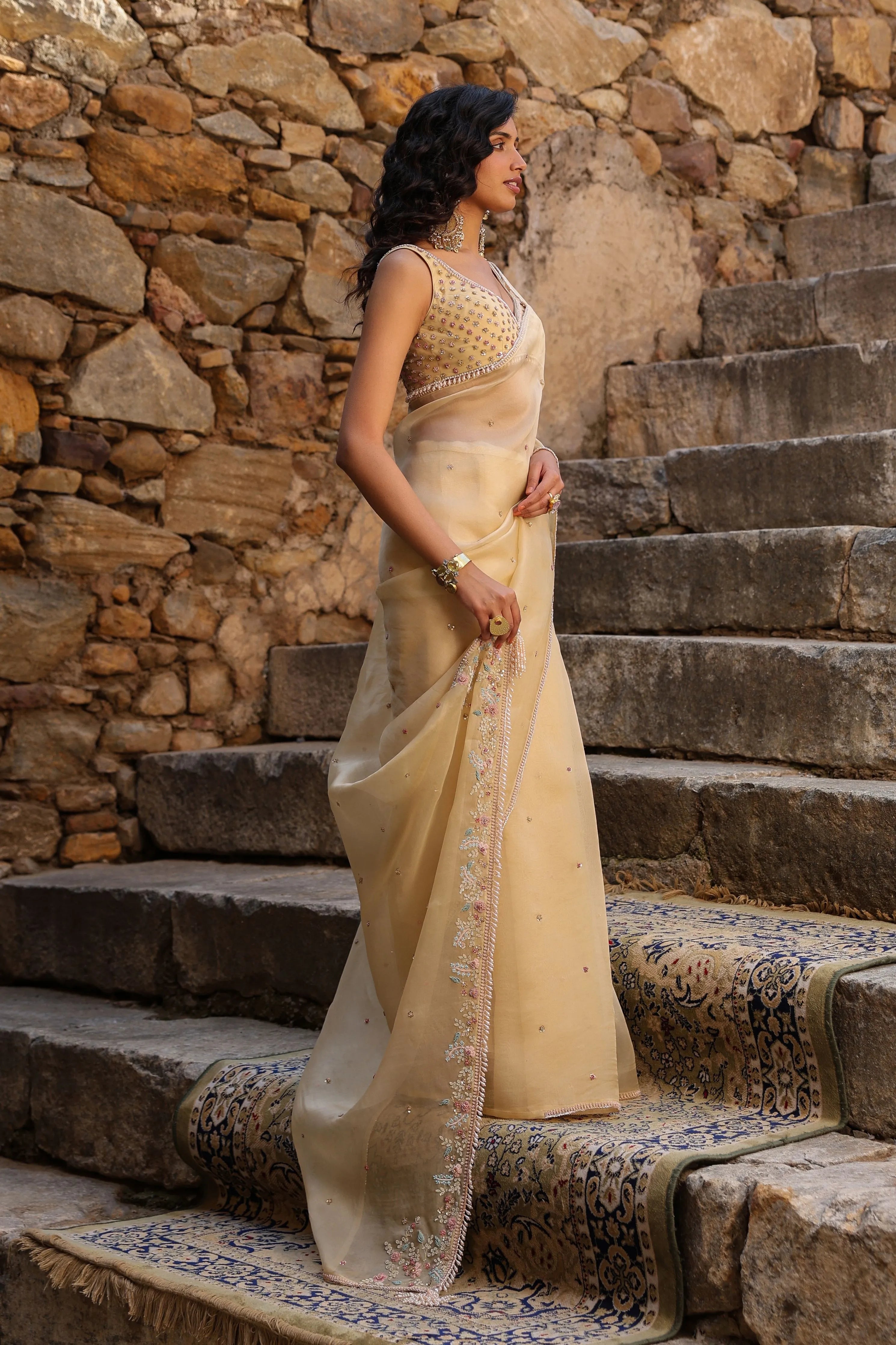 Vaayu Beige Multicolor Butti Saree Set