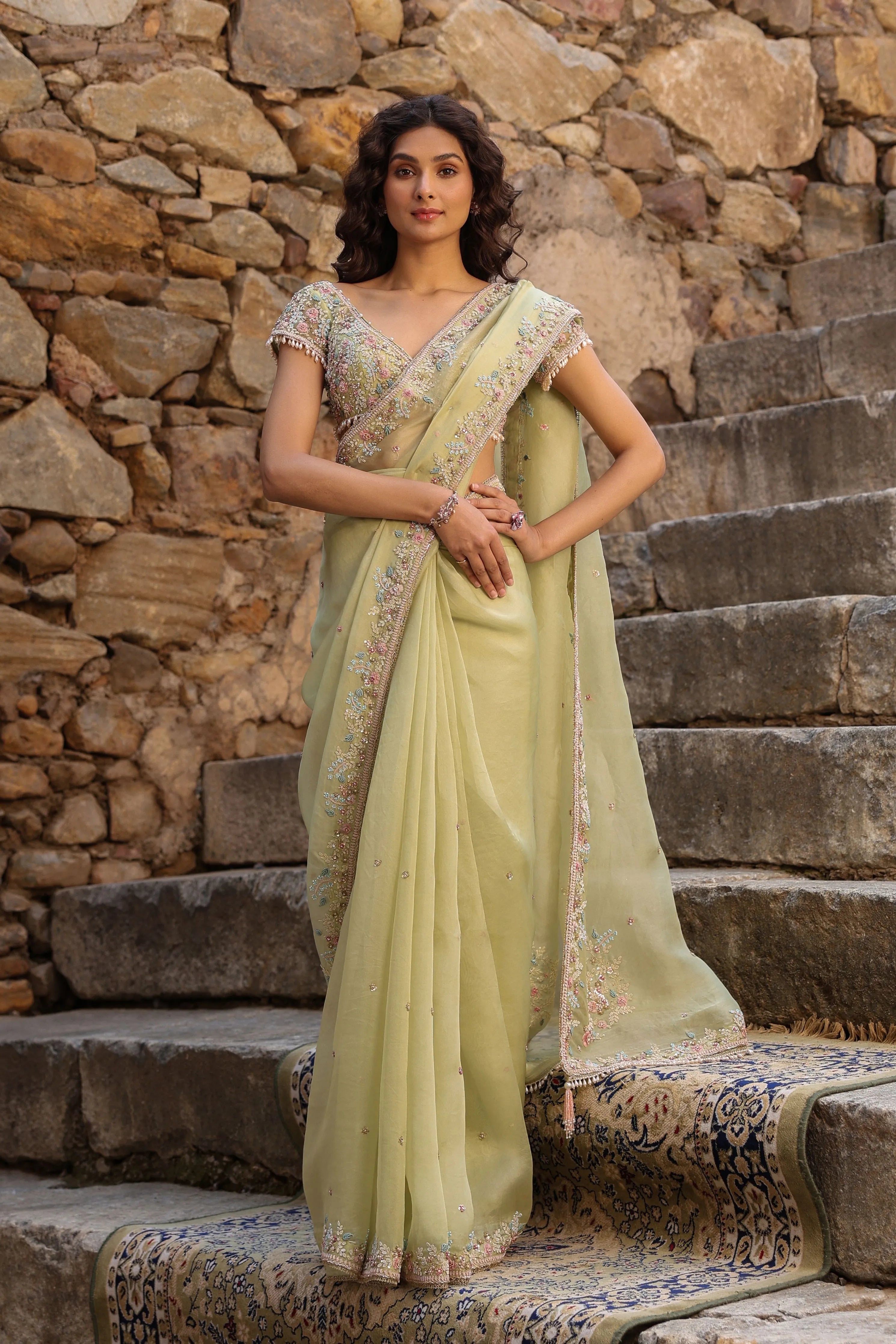 Vaayu Green Multicolor Border Saree Set