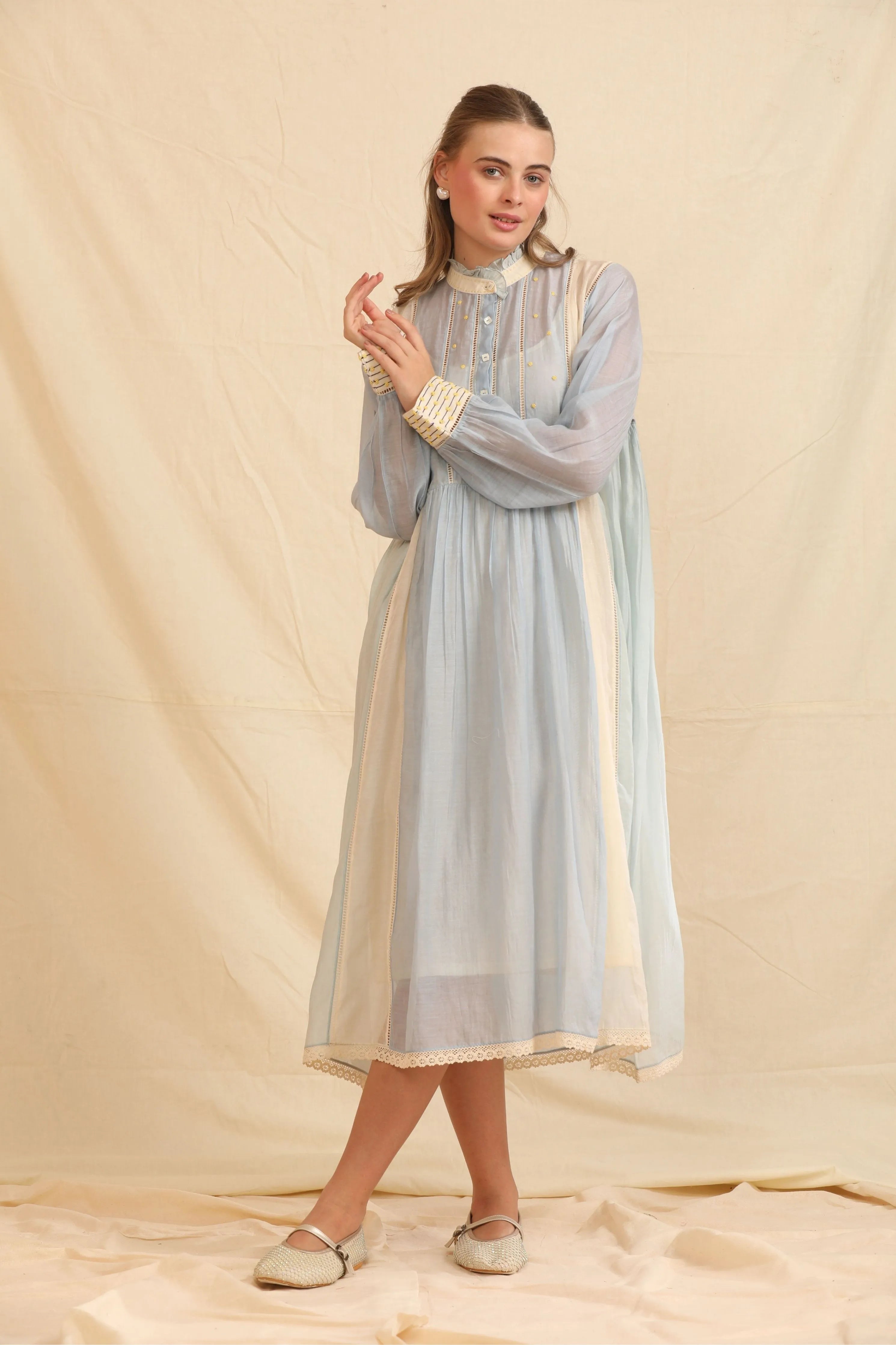 Blue & White Cotton Silk Dress