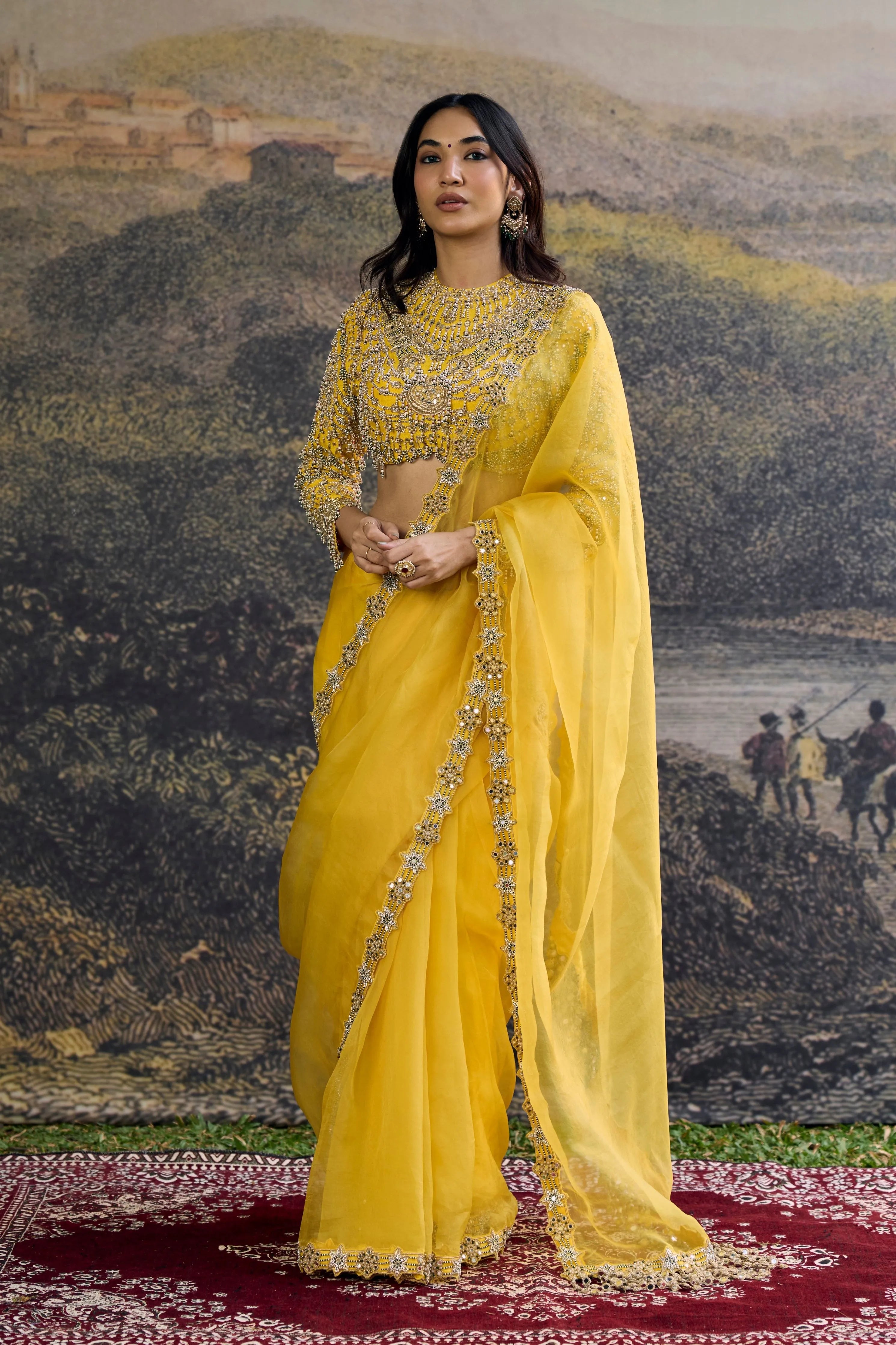 Peela Tara Organza Saree Set