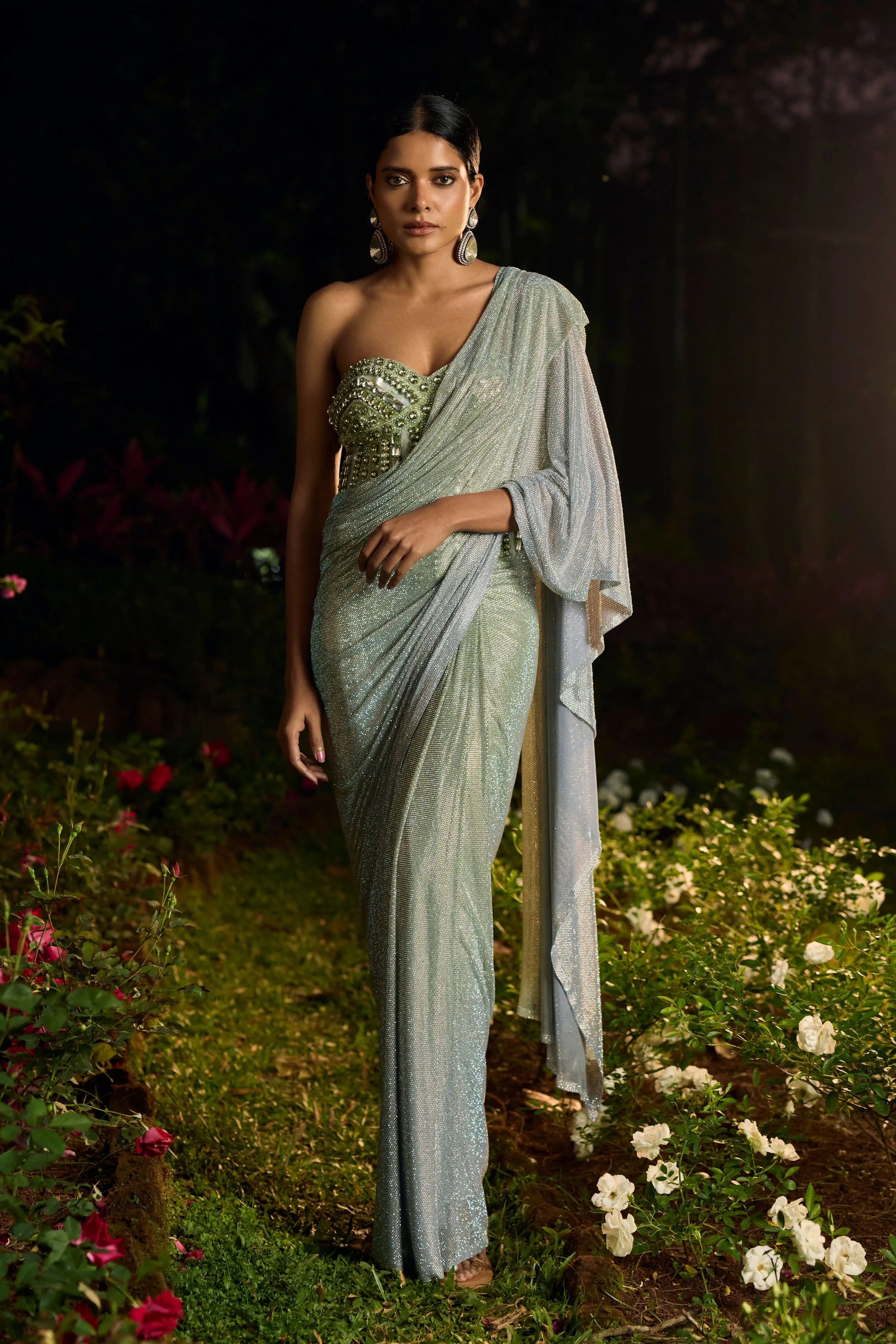 Pista Noor Crystal Saree Set