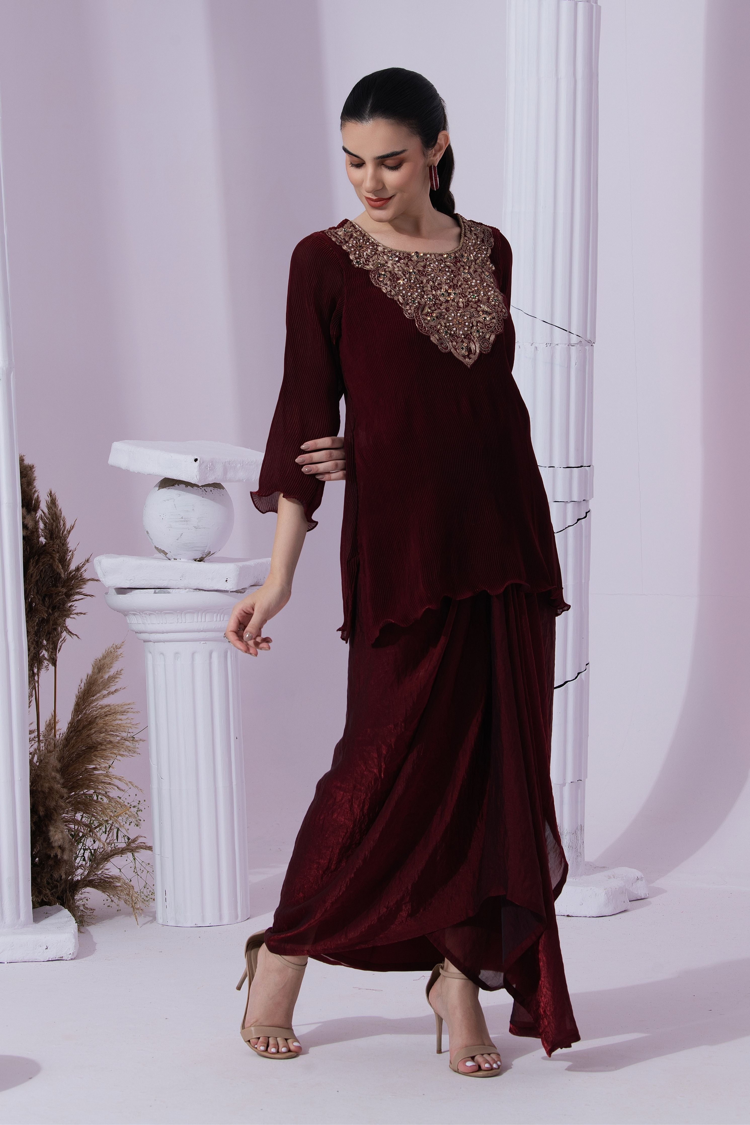 Metalic Wine Red Kurta Dhoti Set