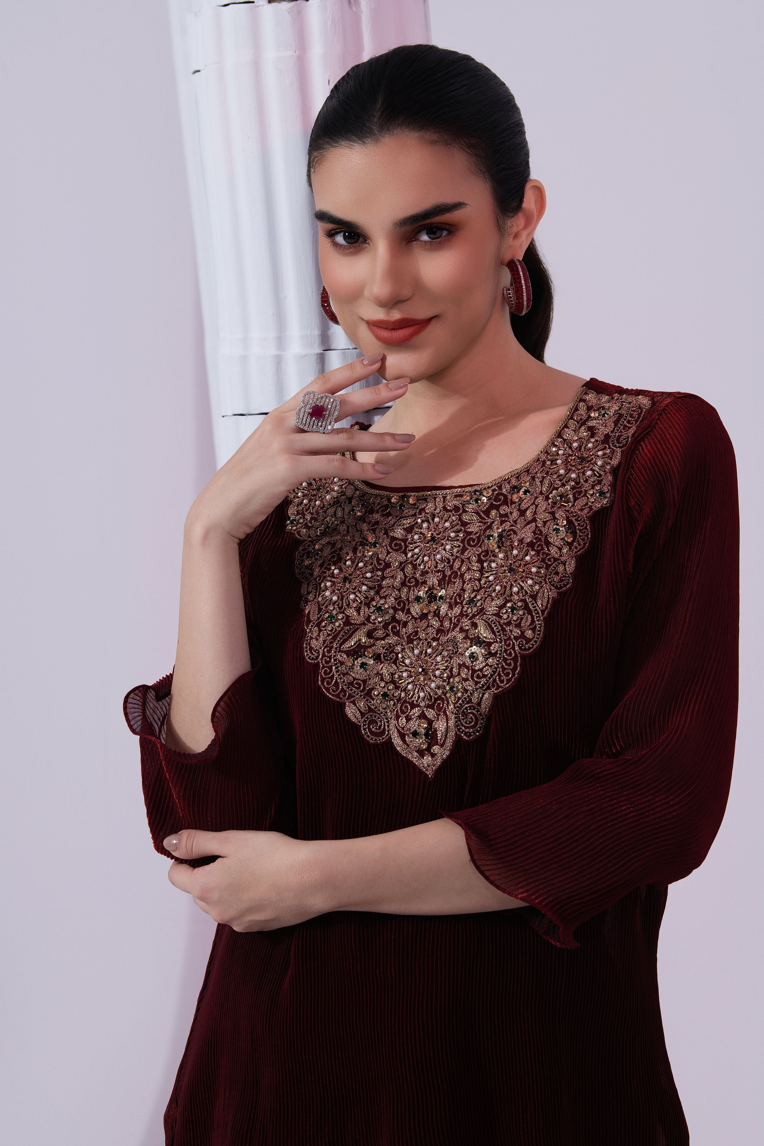 Metalic Wine Red Kurta Dhoti Set