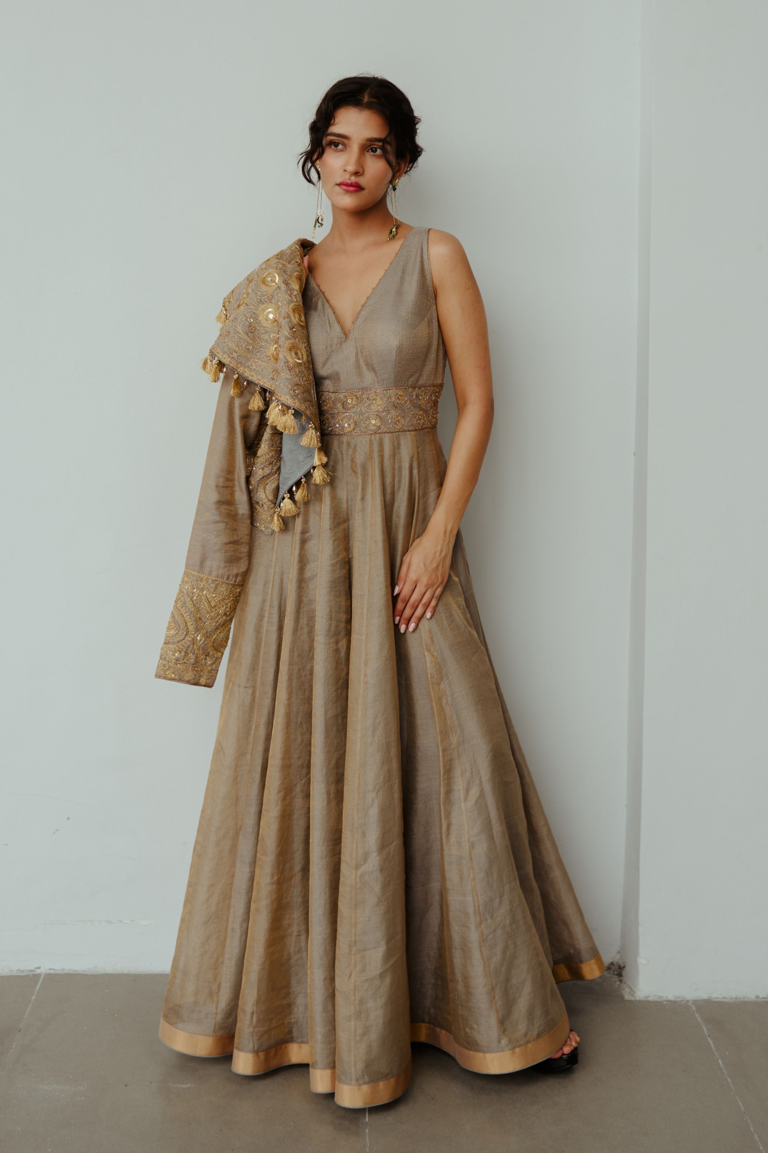 Golden Feather Smoky Grey Anarkali Set