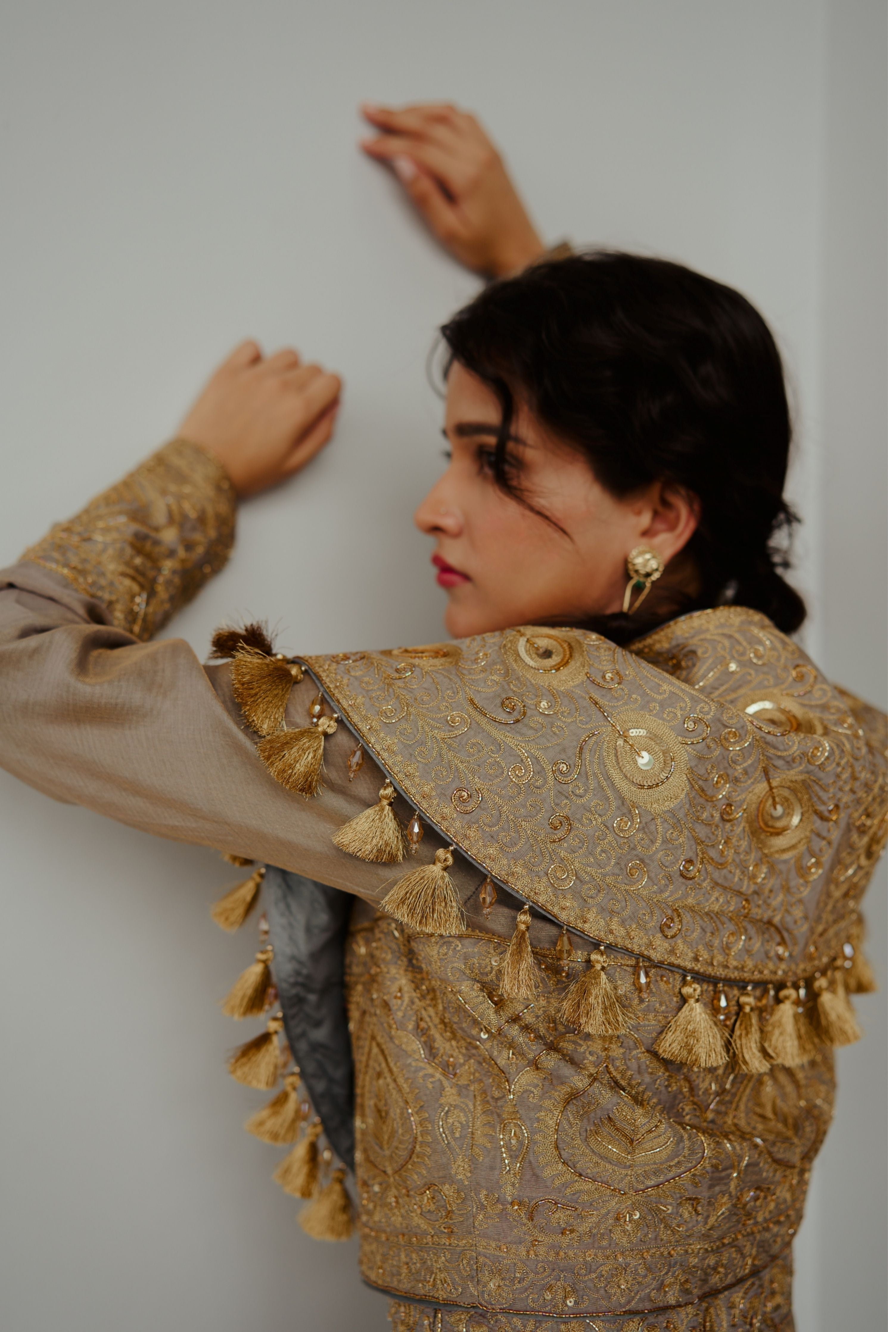 Golden Feather Smoky Grey Anarkali Set