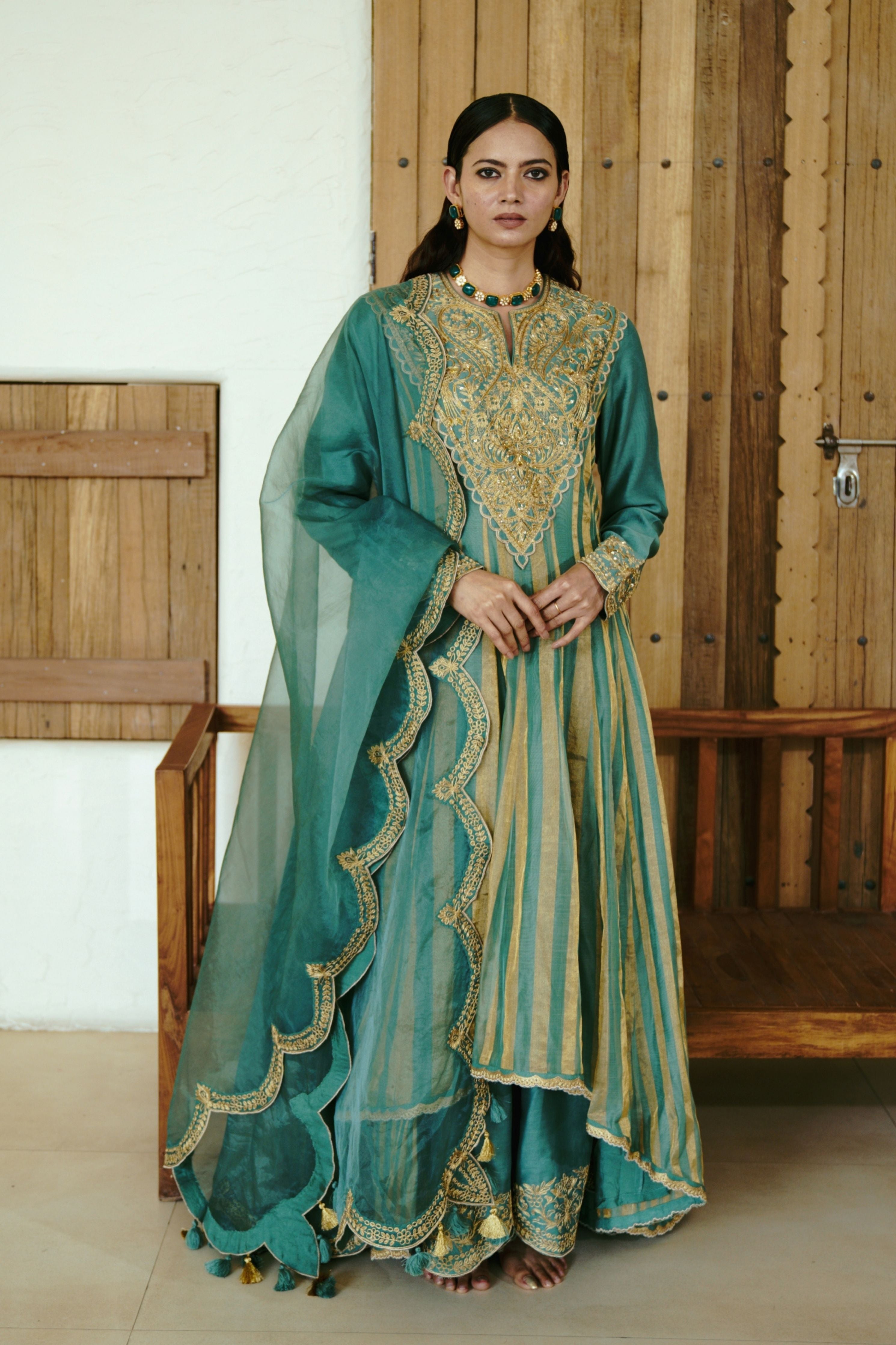 Peacock Feathers Moss Green Anarkali Set