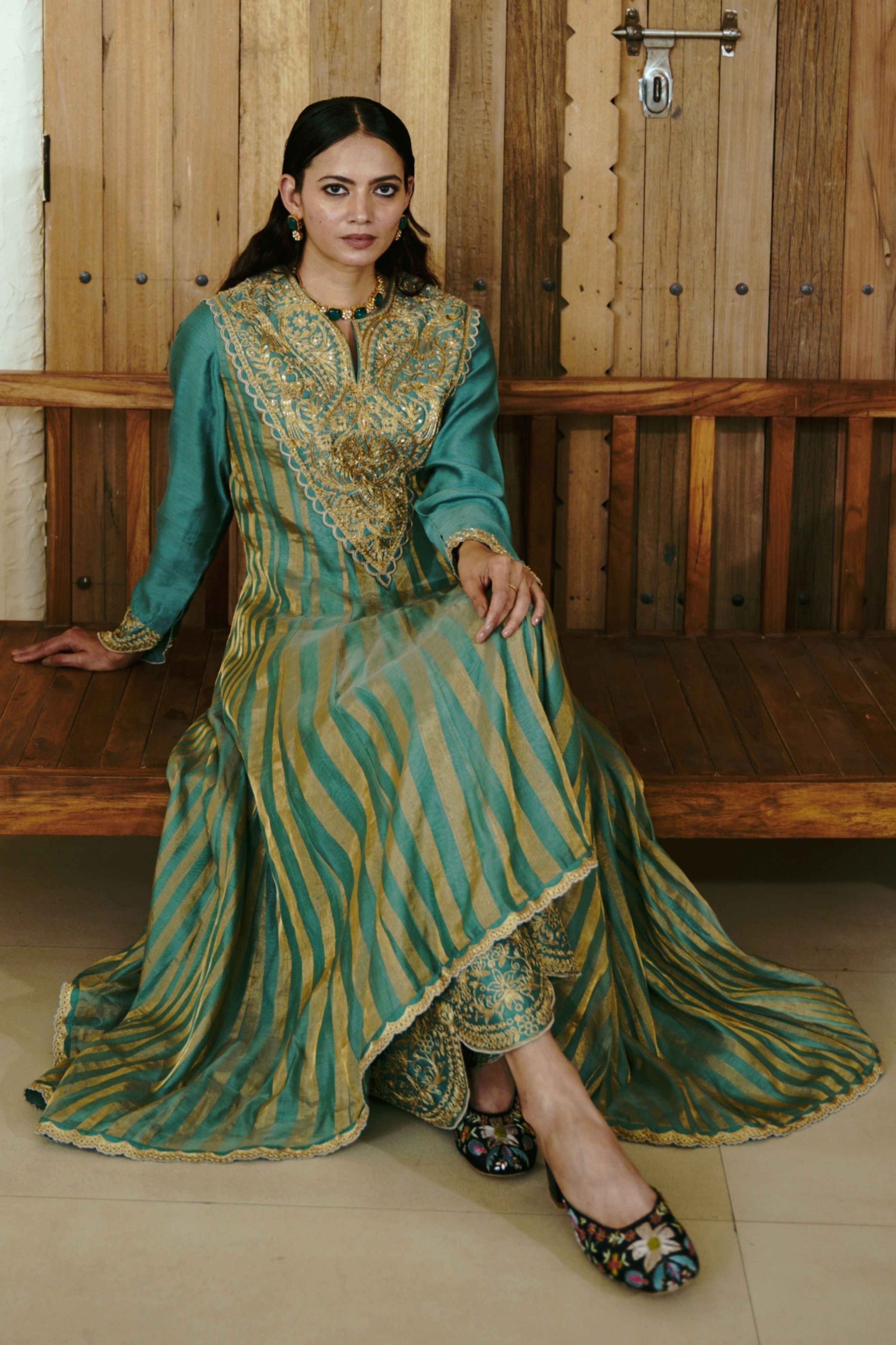 Peacock Feathers Moss Green Anarkali Set