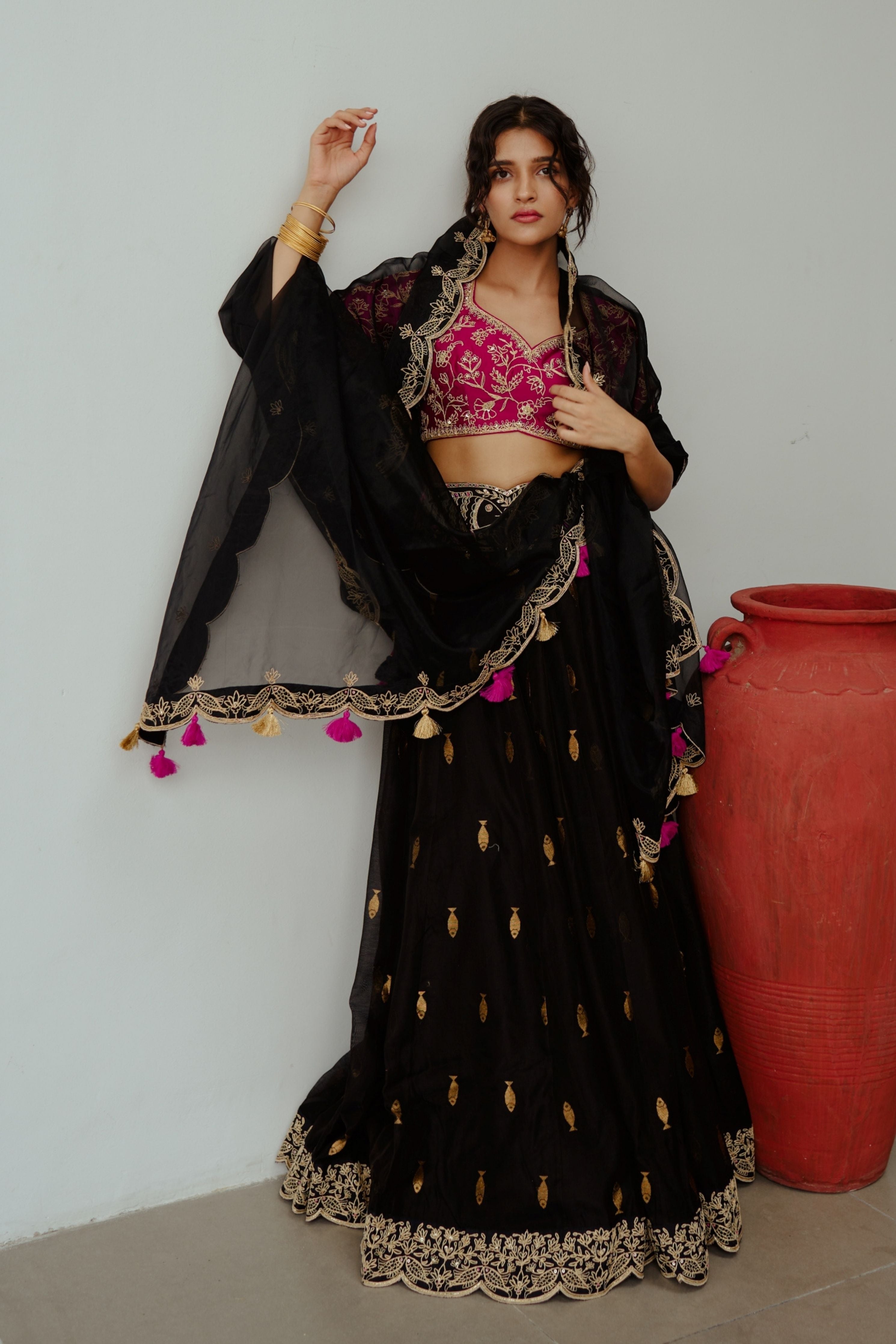 Noor Jahan Black Chanderi Lehenga Set