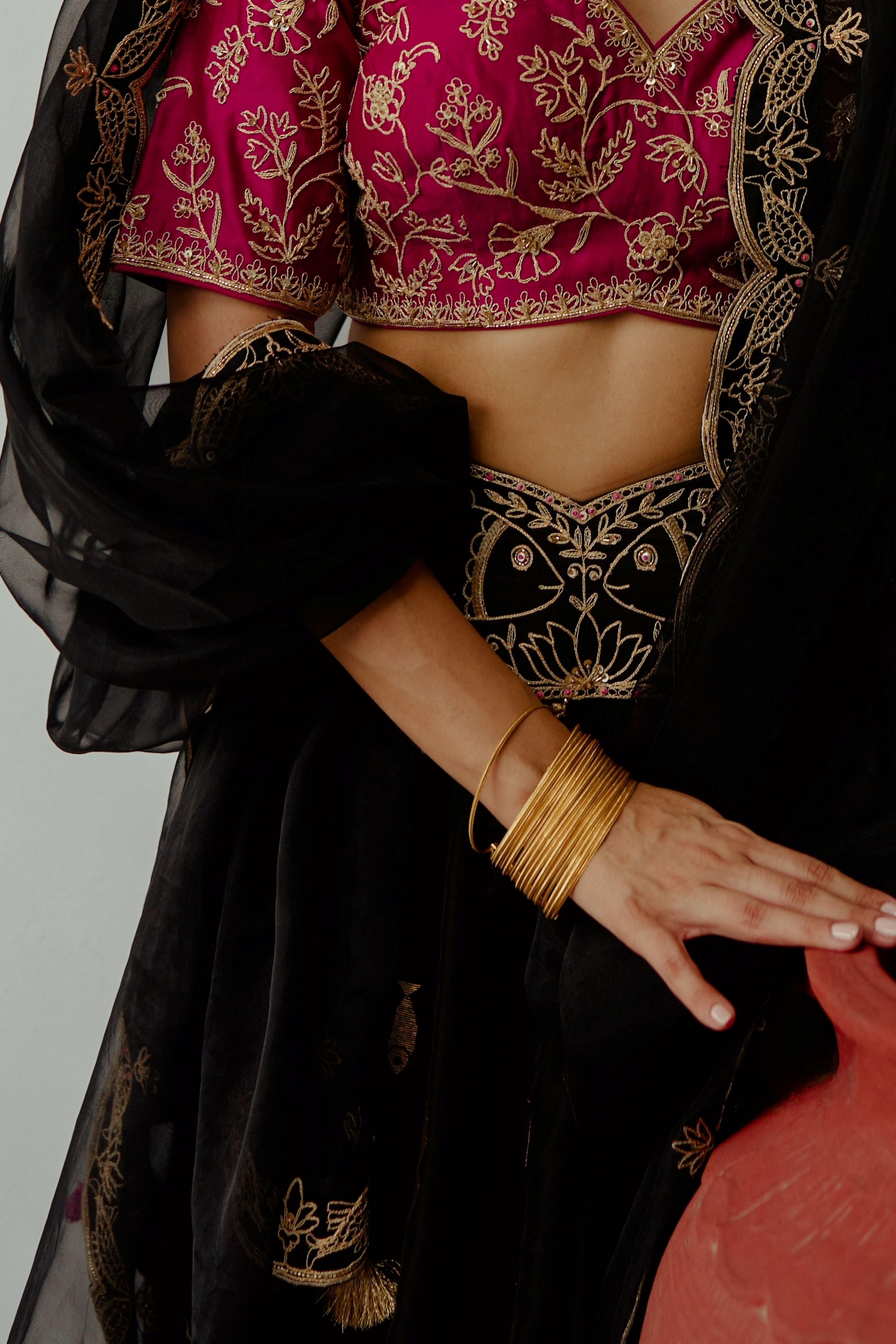 Noor Jahan Black Chanderi Lehenga Set