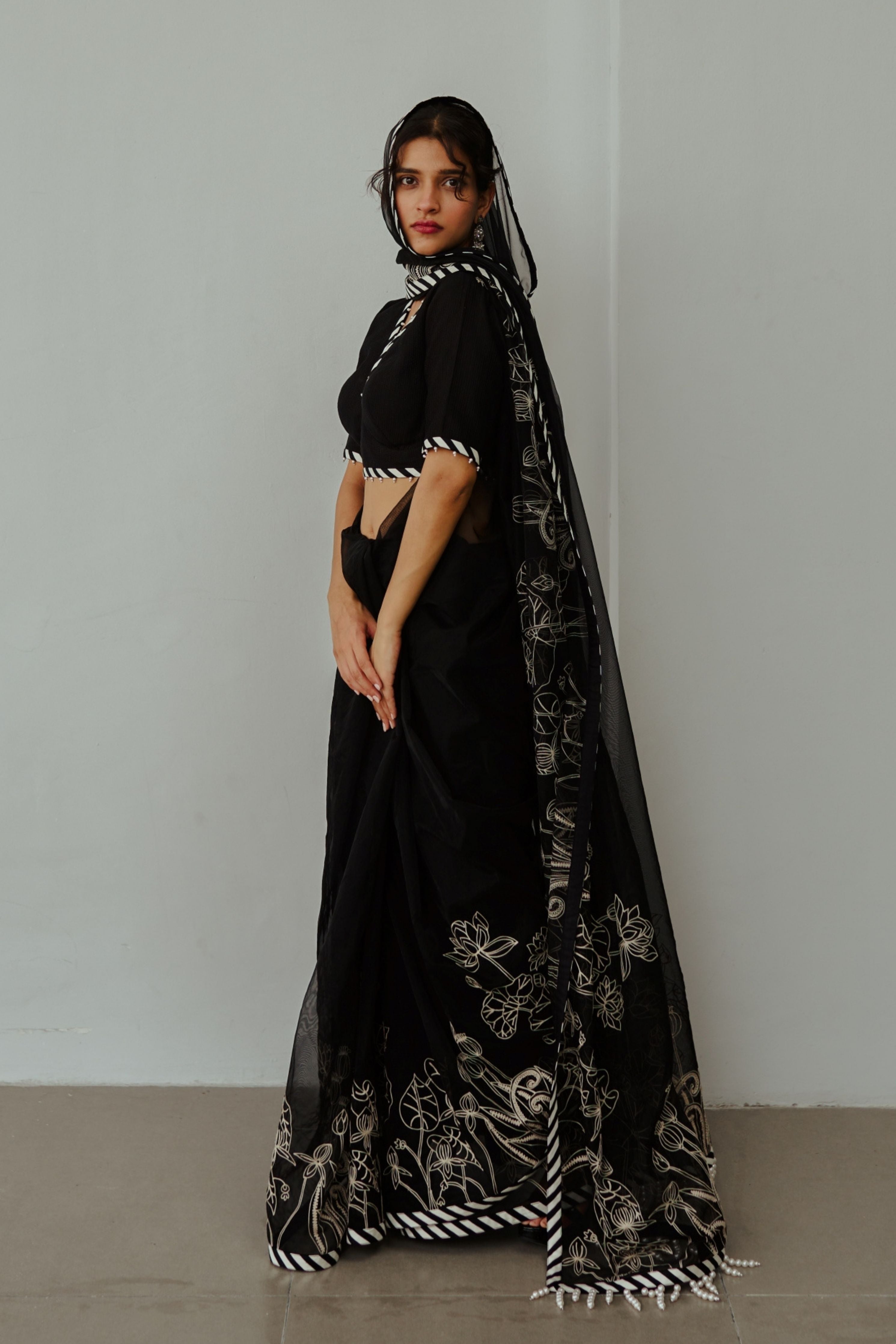 Lotus Pond Black Organza Saree Set