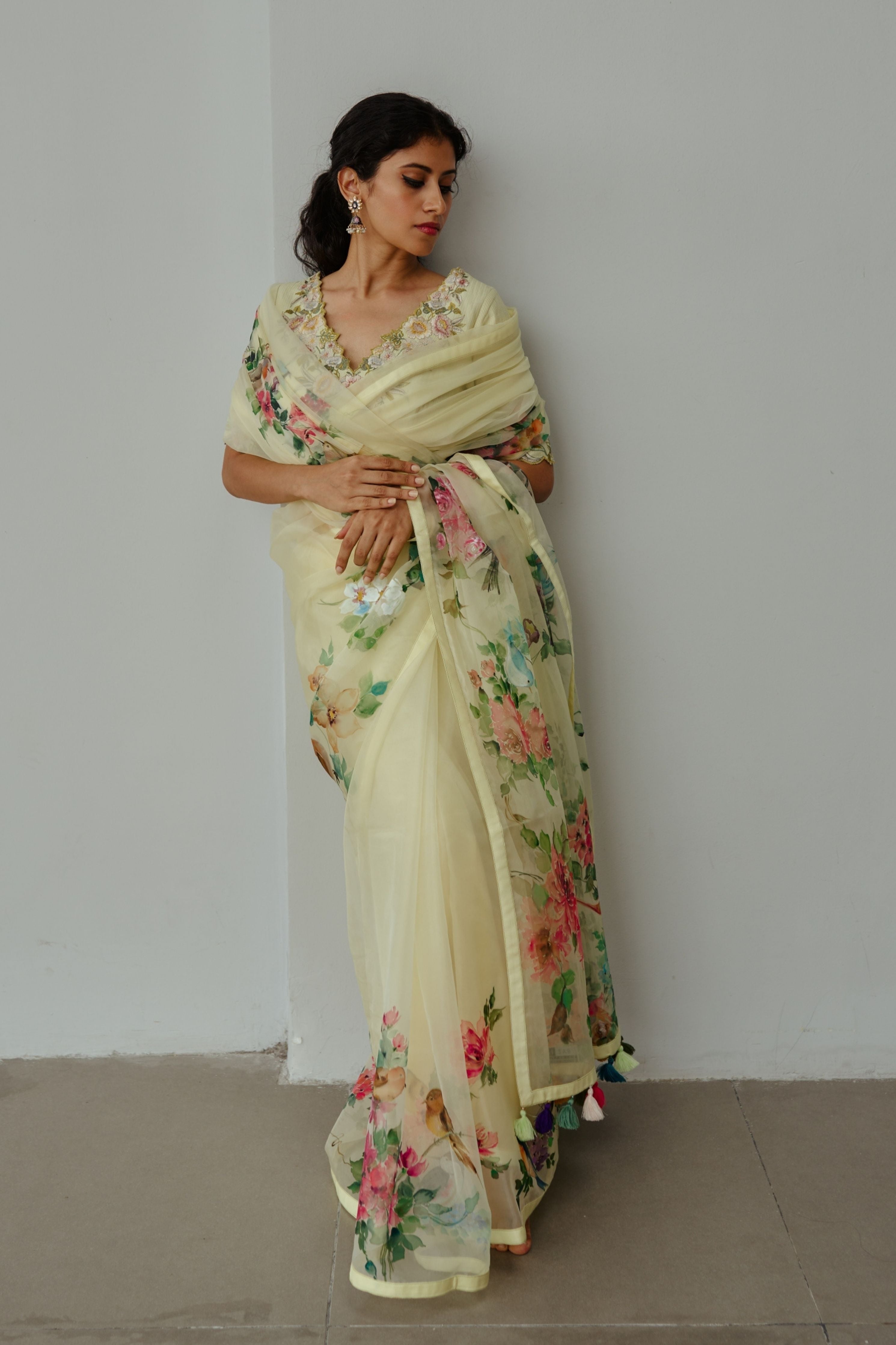 Valley of Flowers Lemon Yellow Saree Set