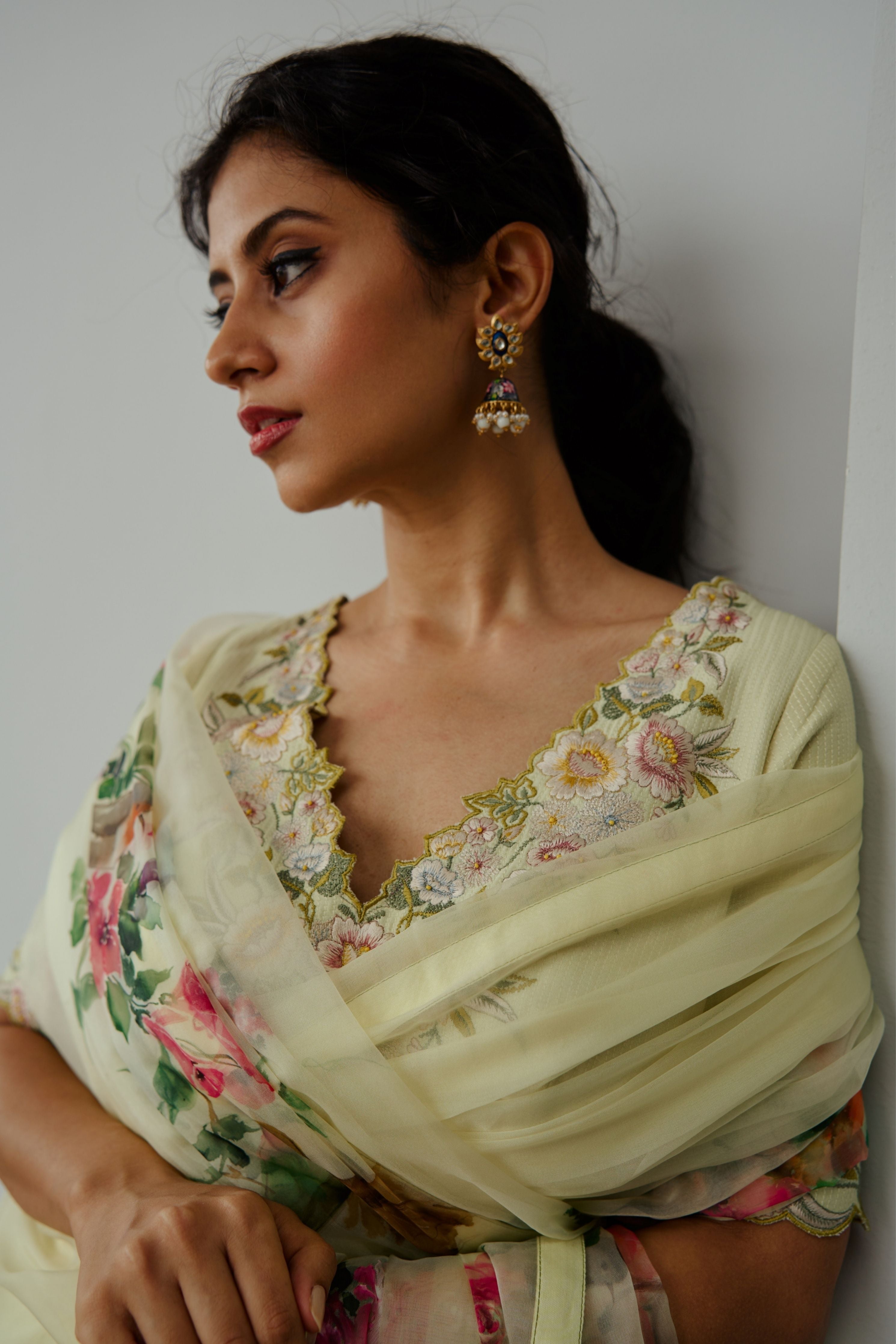 Valley of Flowers Lemon Yellow Saree Set
