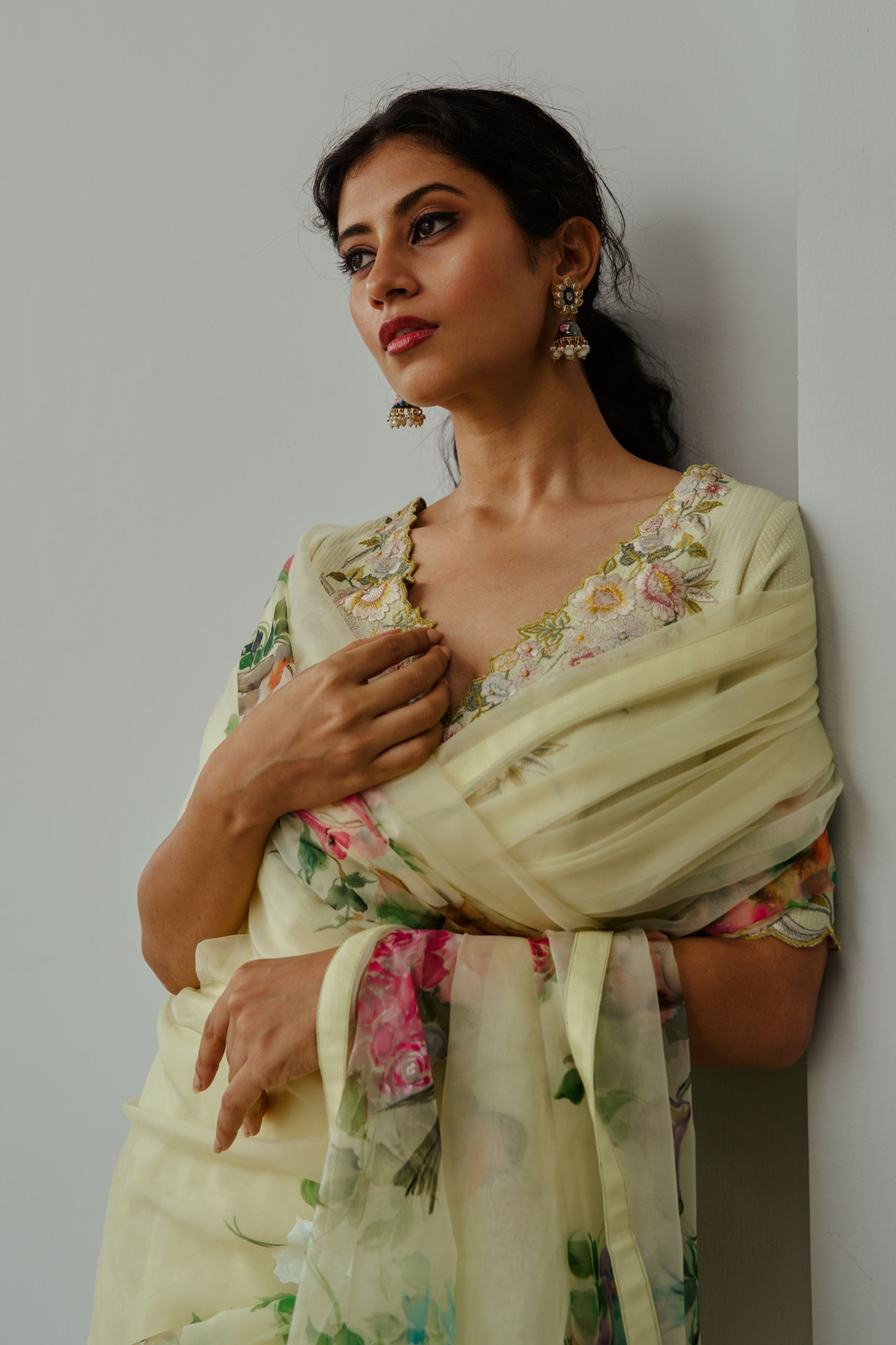Valley of Flowers Lemon Yellow Saree Set