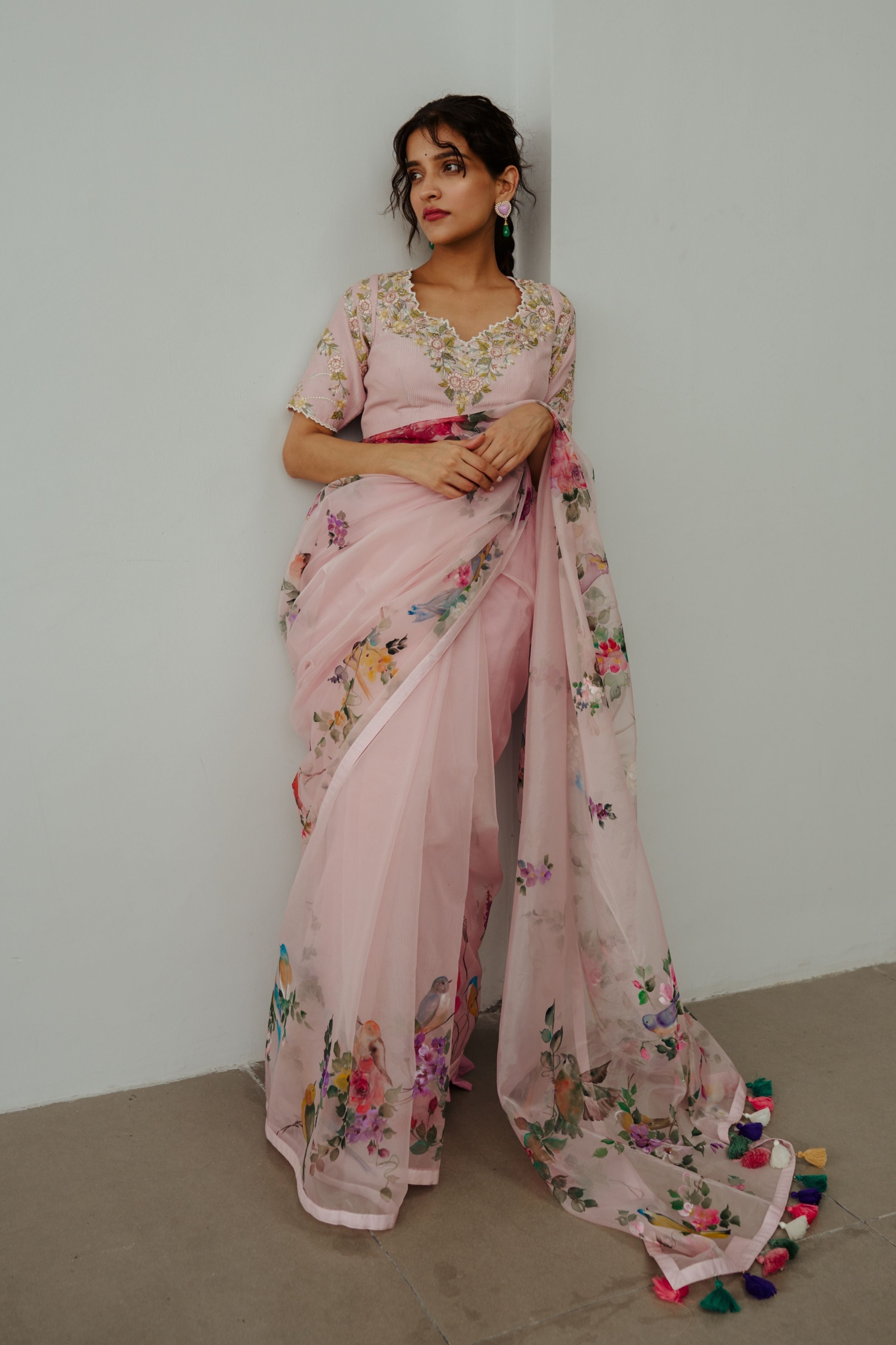 Floral Ecstasy Pastel Pink Saree Set