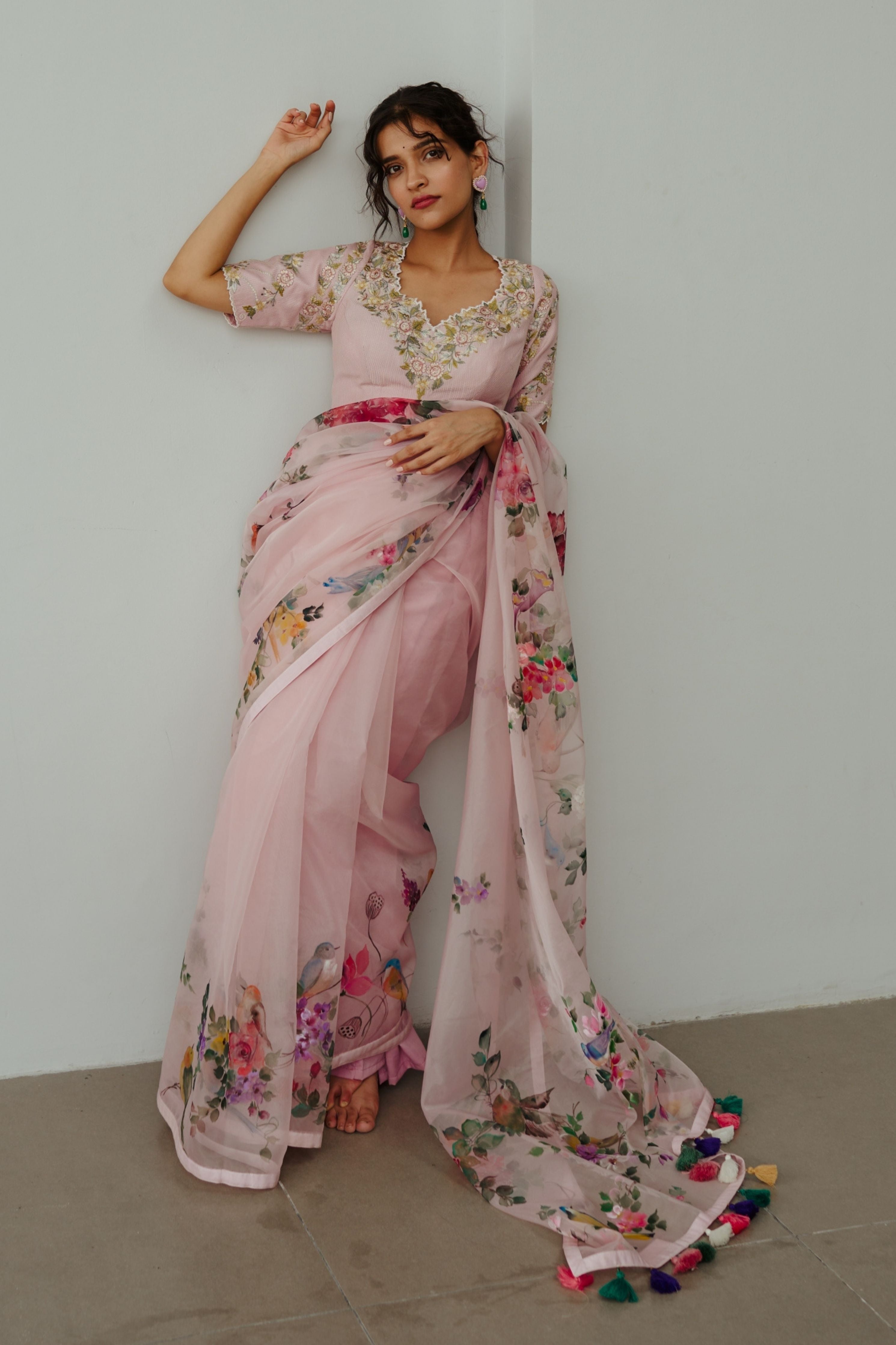 Floral Ecstasy Pastel Pink Saree Set