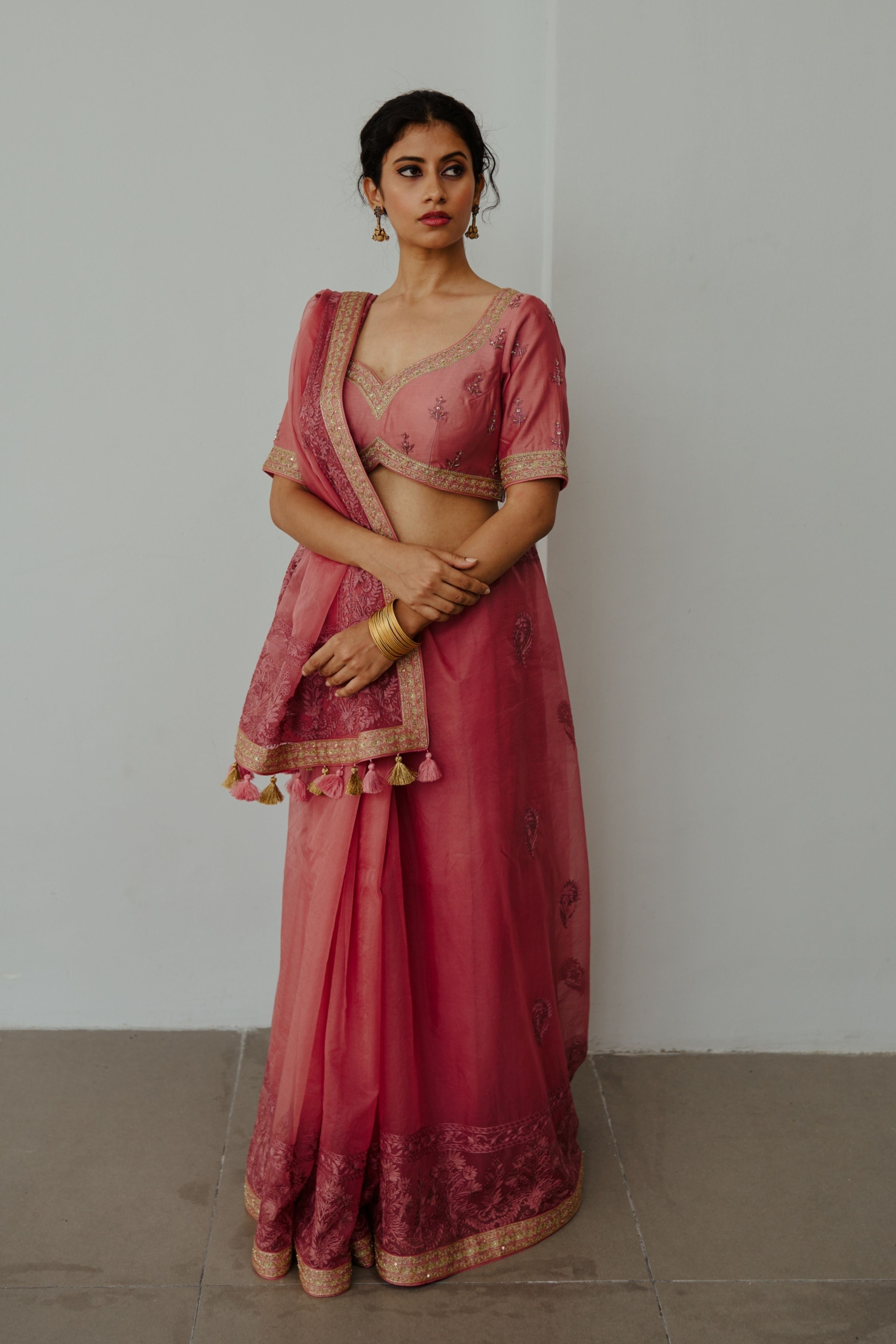 Sada Bahar Old Rose Saree Set