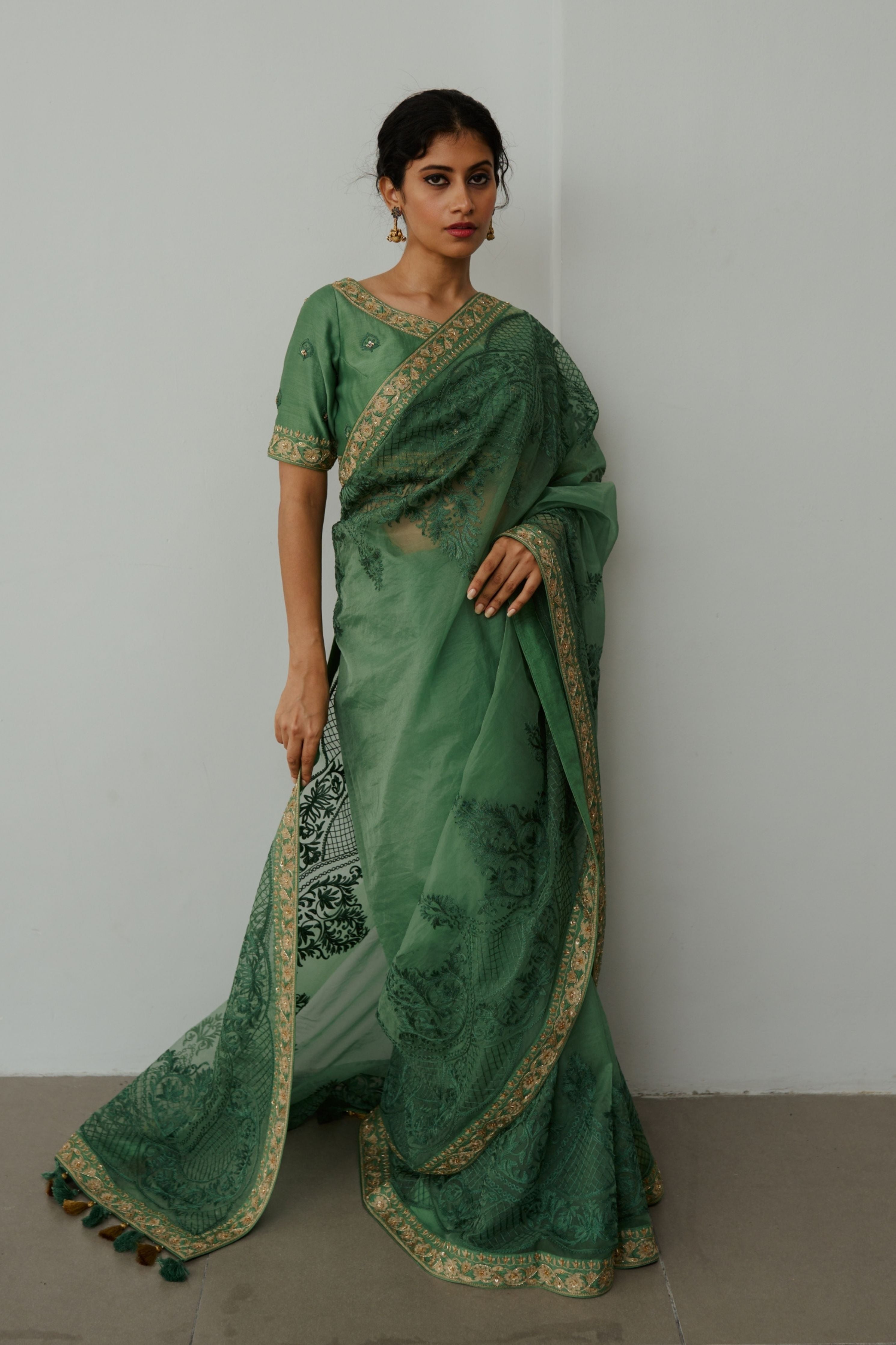Betel Leaf Moss Green Saree Set
