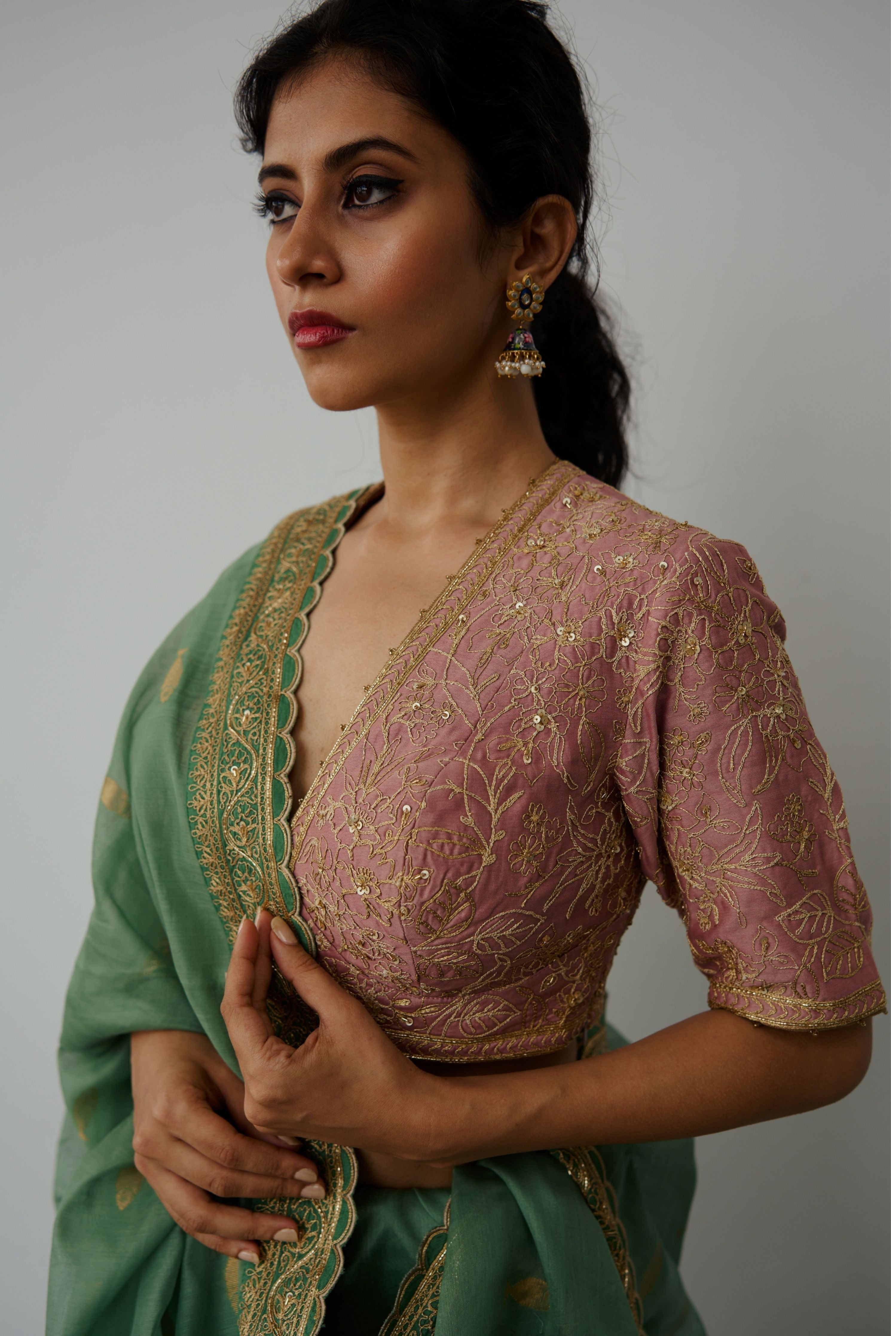 Anchovies Moss Green Saree Set
