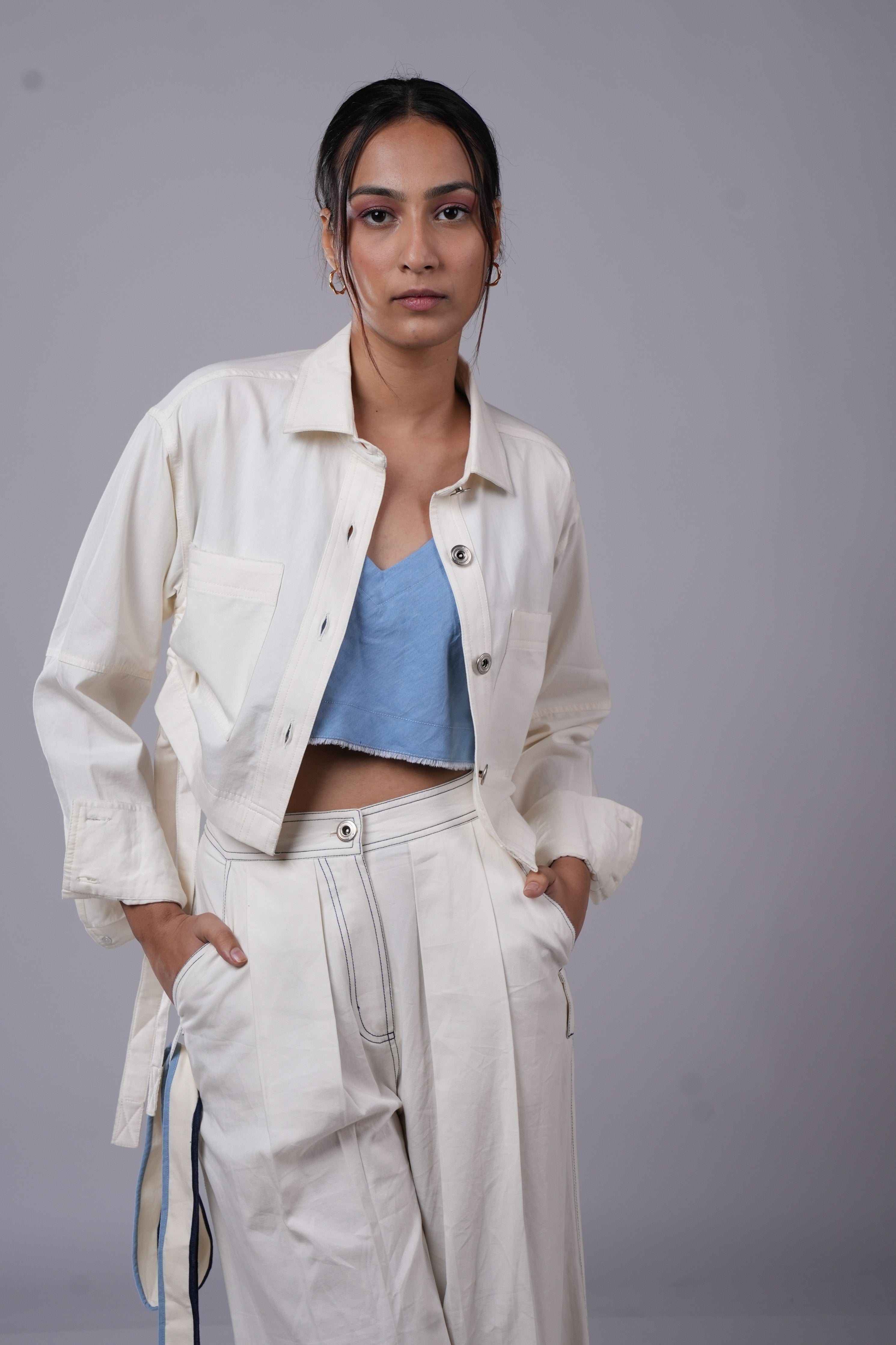 White Denim Solid Shirt Collar Ruched Crop Pant Set