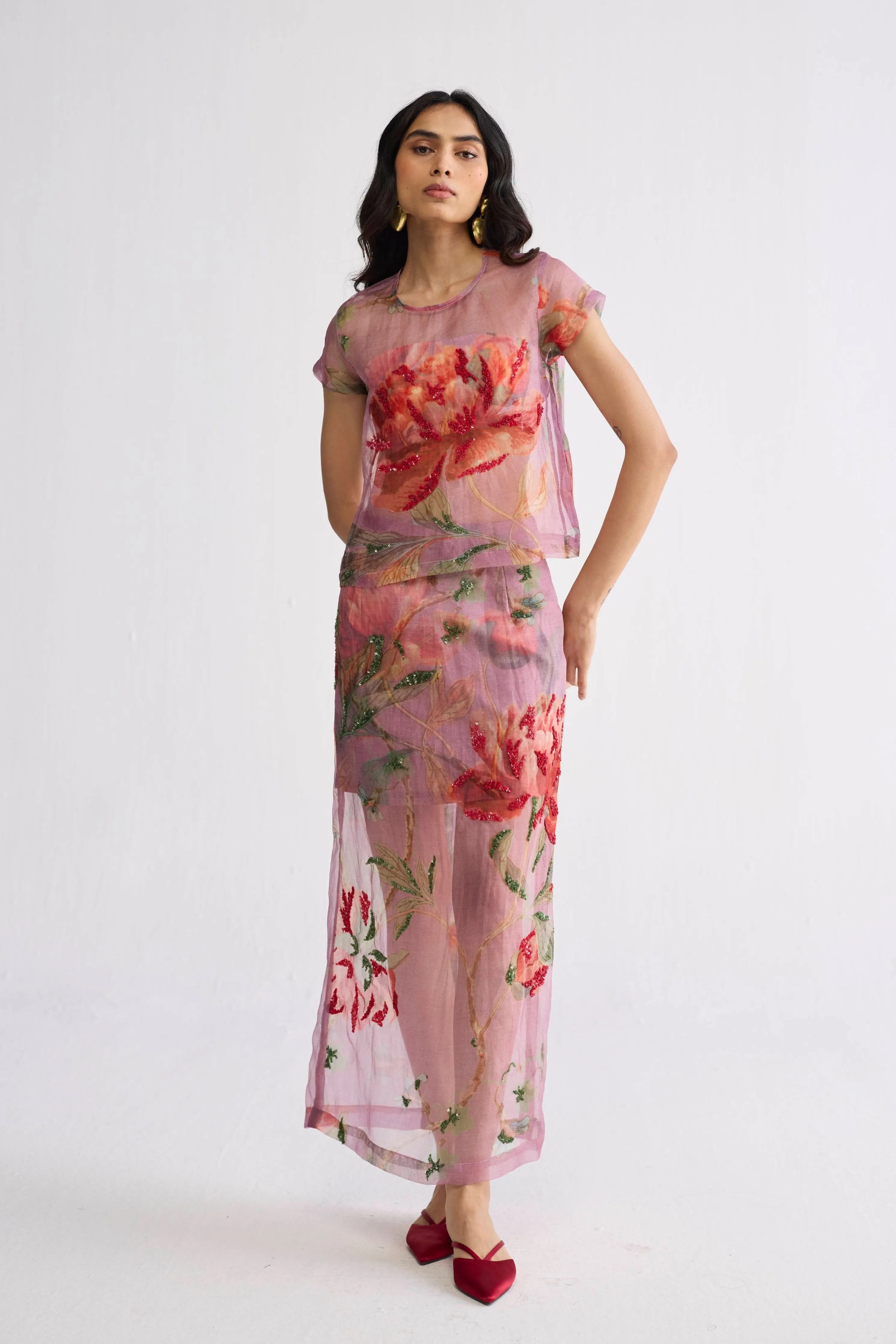 Berry Embroidered Organza Top & Skirt Set