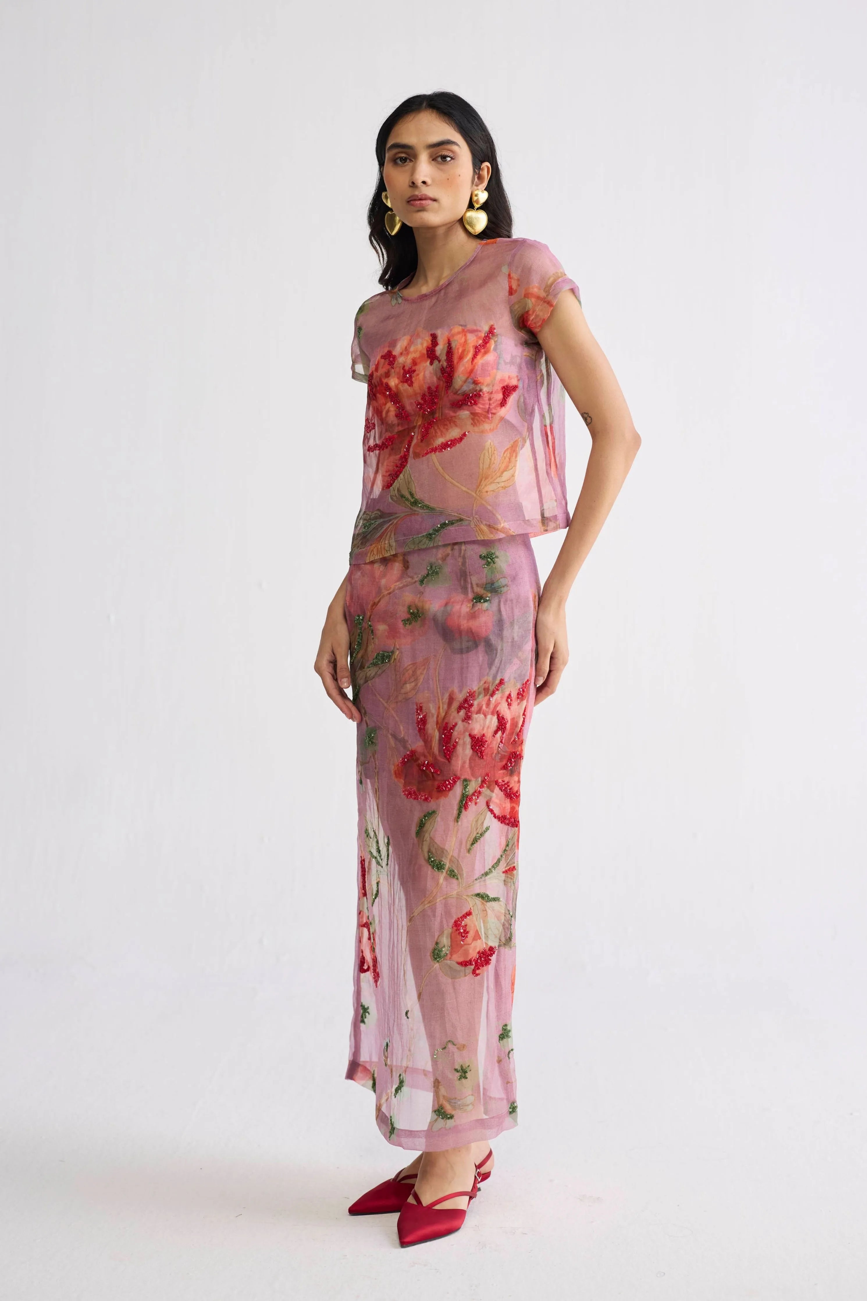 Berry Embroidered Organza Top & Skirt Set